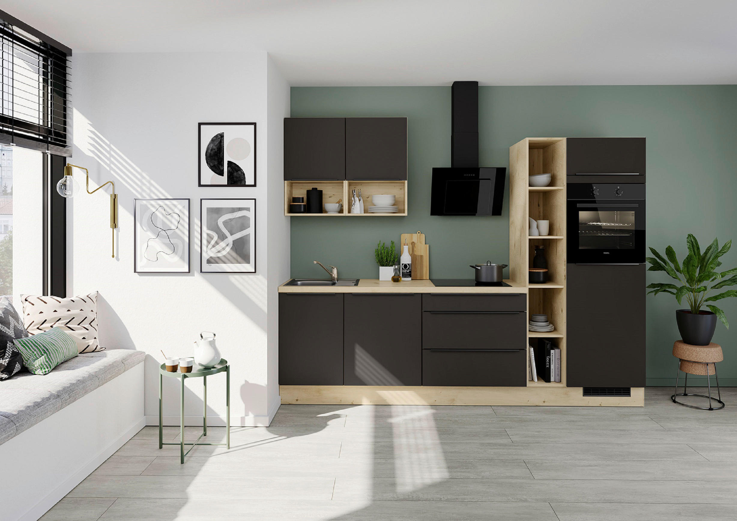 KÜCHENBLOCK 280 cm   in Braun  - Eichefarben/Schwarz, Design, Holzwerkstoff/Metall (280cm) - Impuls