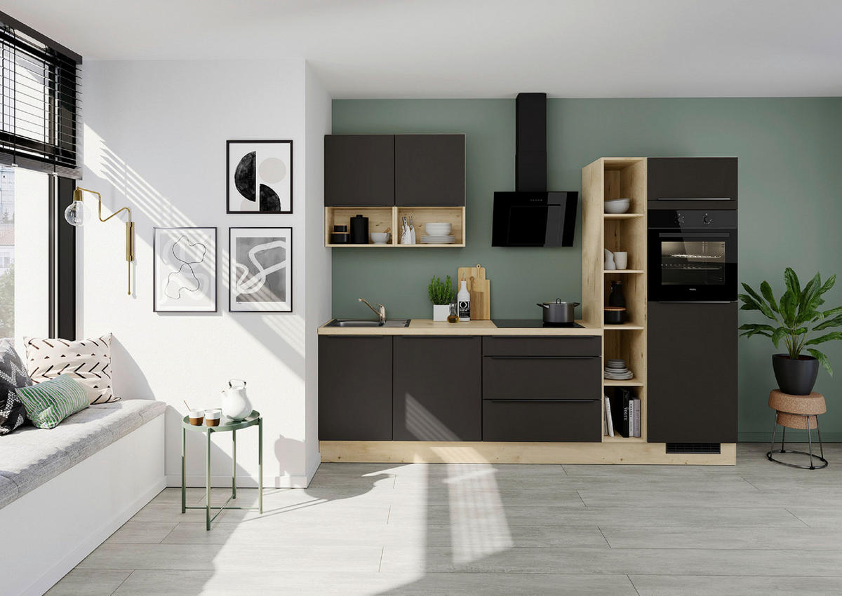 KÜCHENBLOCK 280 cm   in Braun  - Eichefarben/Schwarz, Design, Holzwerkstoff/Metall (280cm) - Impuls