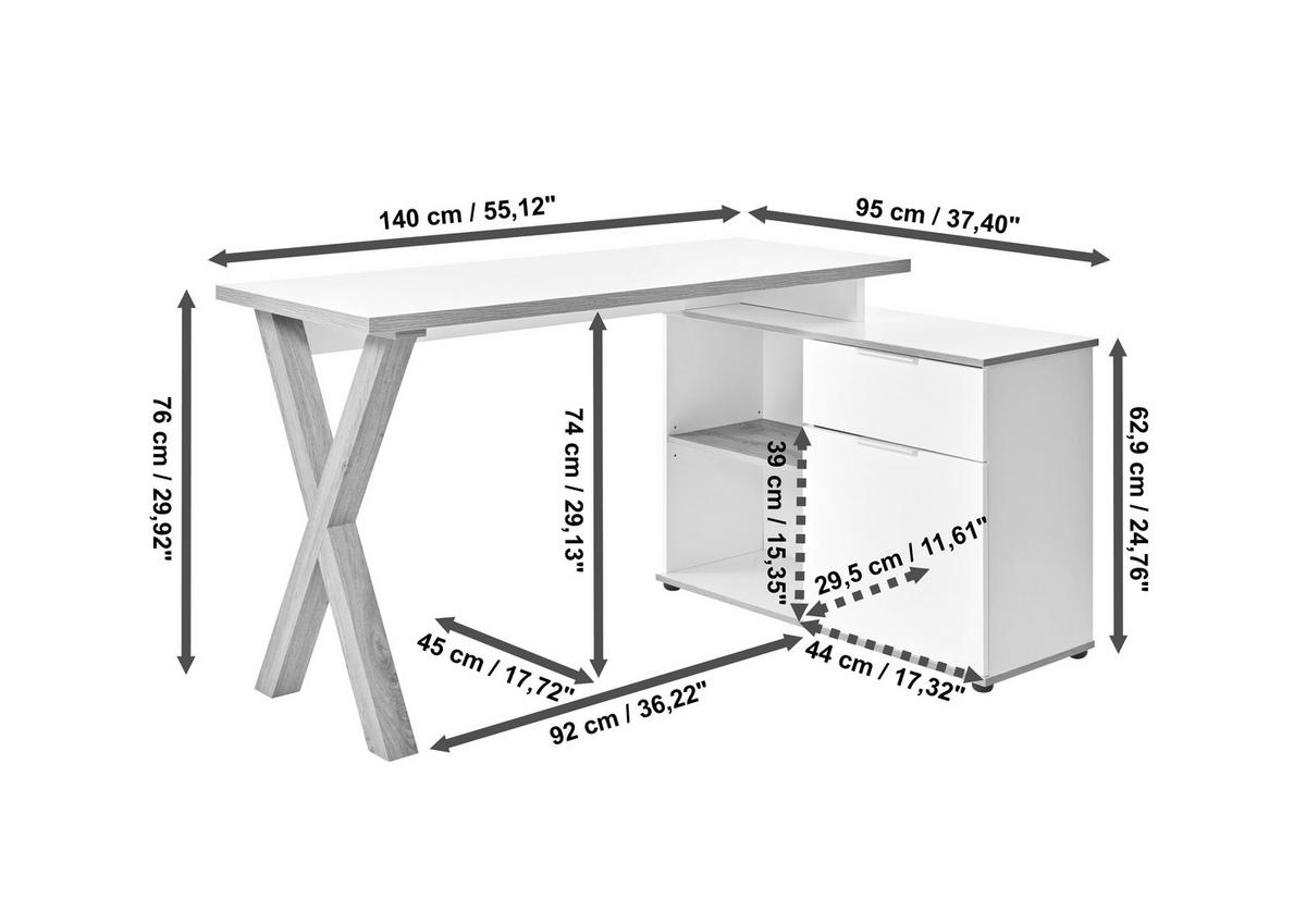 ECKSCHREIBTISCH 140/95/76 cm Eichefarben Kabeldurchlass, Stauraum, seitenverkehrt montierbar, in verschiedenen Holz-Dekoren erhältlich  - Eichefarben/Schwarz, MODERN, Holzwerkstoff/Metall (140/95/76cm) - MID.YOU