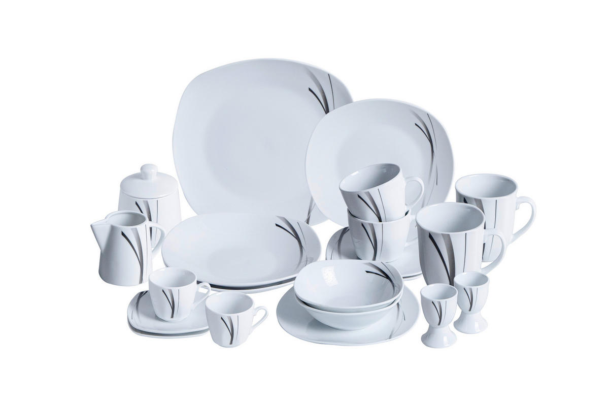 KOMBISERVICE Grau, Schwarz, Weiß Alaska 62-teilig 6 Personen  - Schwarz/Weiß, Basics, Keramik - Van Well