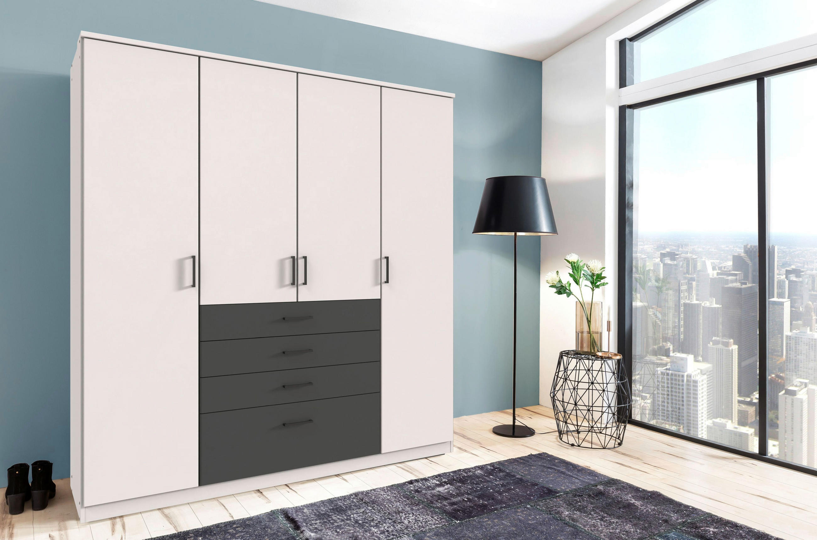 KLEIDERSCHRANK 180/199/58 cm 4-türig Graphitfarben, Weiß  - Schwarz/Graphitfarben, KONVENTIONELL, Holzwerkstoff/Kunststoff (180/199/58cm) - Boxxx