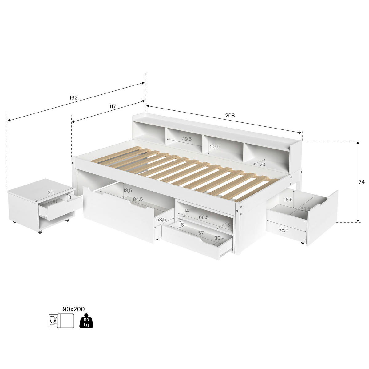 STAURAUMBETT 90/200 cm  in Weiß  - Naturfarben/Weiß, MODERN, Holz/Holzwerkstoff (90/200cm) - P & B