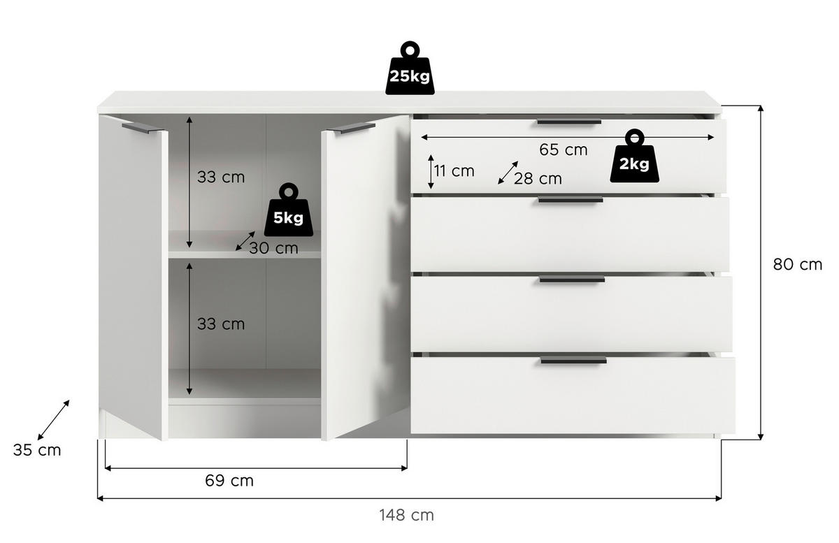 KOMMODE  in 148/80/35 cm  - Schwarz/Weiß, Design, Holzwerkstoff/Kunststoff (148/80/35cm) - Livetastic
