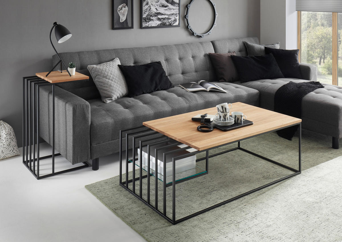 COUCHTISCH Eiche massiv Klarglas rechteckig Schwarz, Eichefarben  - Eichefarben/Schwarz, MODERN, Glas/Holz (120/40/60cm) - MID.YOU