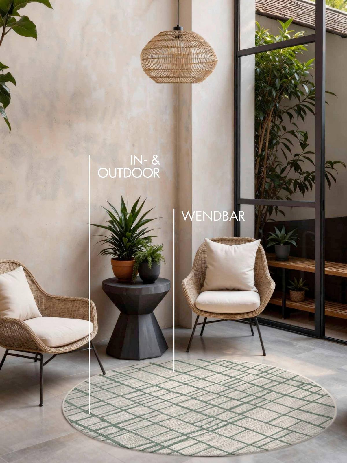 FLACHWEBETEPPICH 200 cm Haringey Grün, Weiß rund  - Weiß/Grün, Design, Kunststoff (200cm)