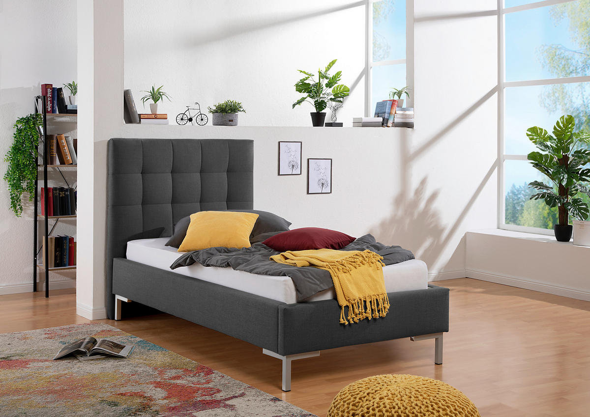 POLSTERBETT 113/200 cm,  in Anthrazit,  - Anthrazit/Silberfarben, MODERN, Textil/Metall (113/200cm) - Livetastic