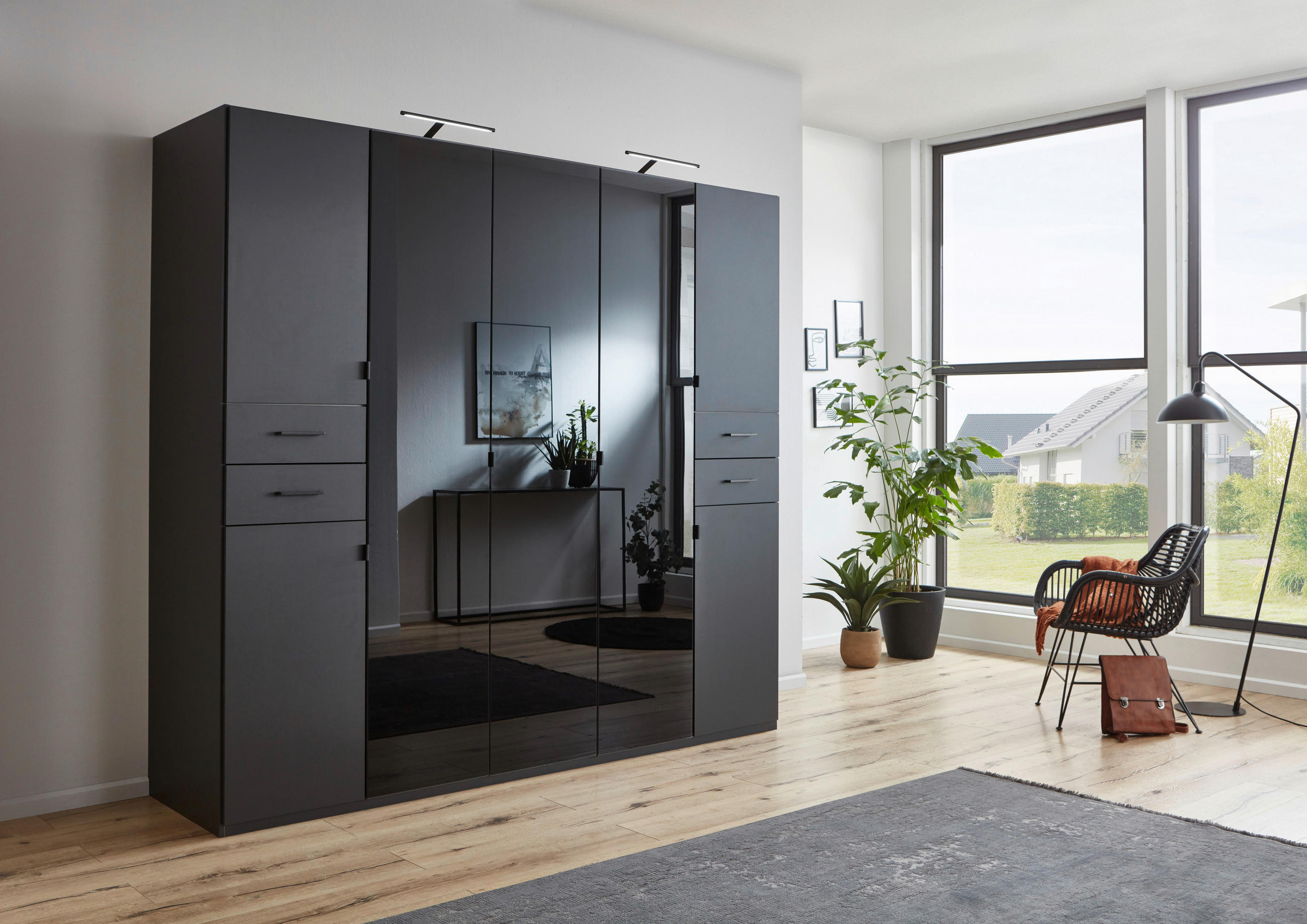 KLEIDERSCHRANK in Graphitfarben, Schwarz  - Schwarz/Graphitfarben, Konventionell, Glas/Holzwerkstoff (225/208/58cm) - Modante