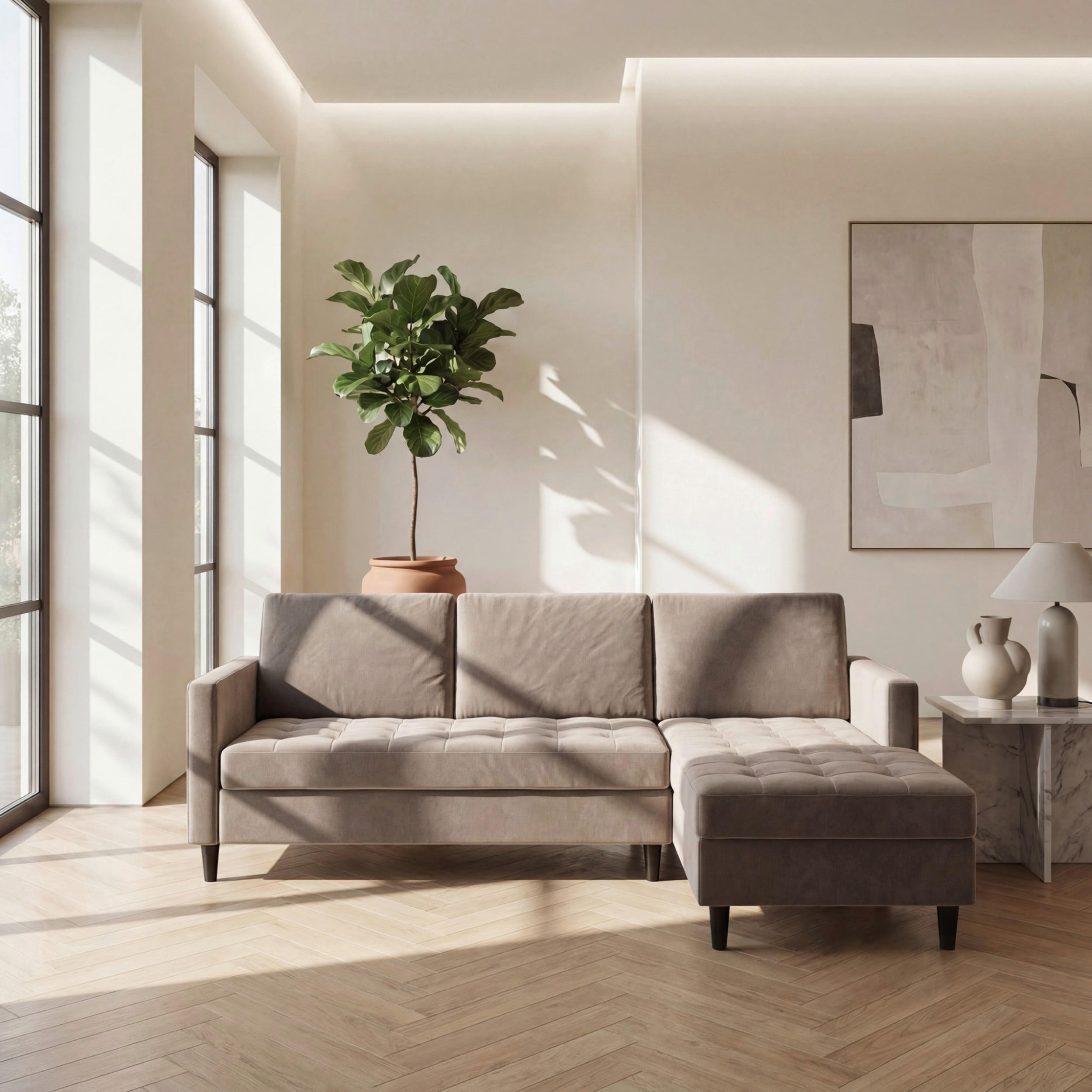 ECKSOFA PALERMO Taupe Velours Schlaffunktion, Stauraum  - Taupe/Schwarz, Basics, Kunststoff/Textil (213/154cm) - Livetastic