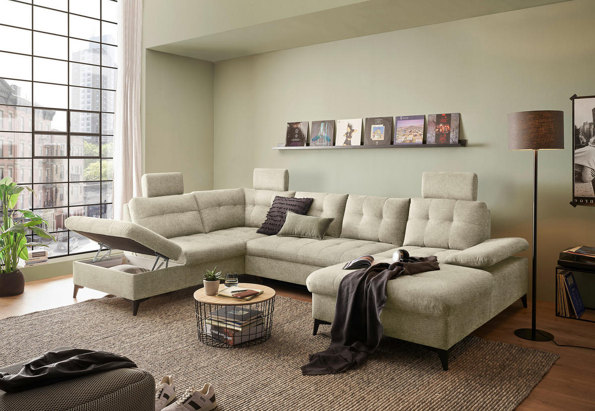 WOHNLANDSCHAFT Beige Webstoff  - Beige/Schwarz, KONVENTIONELL, Kunststoff/Textil (218/324/170cm) - Carryhome