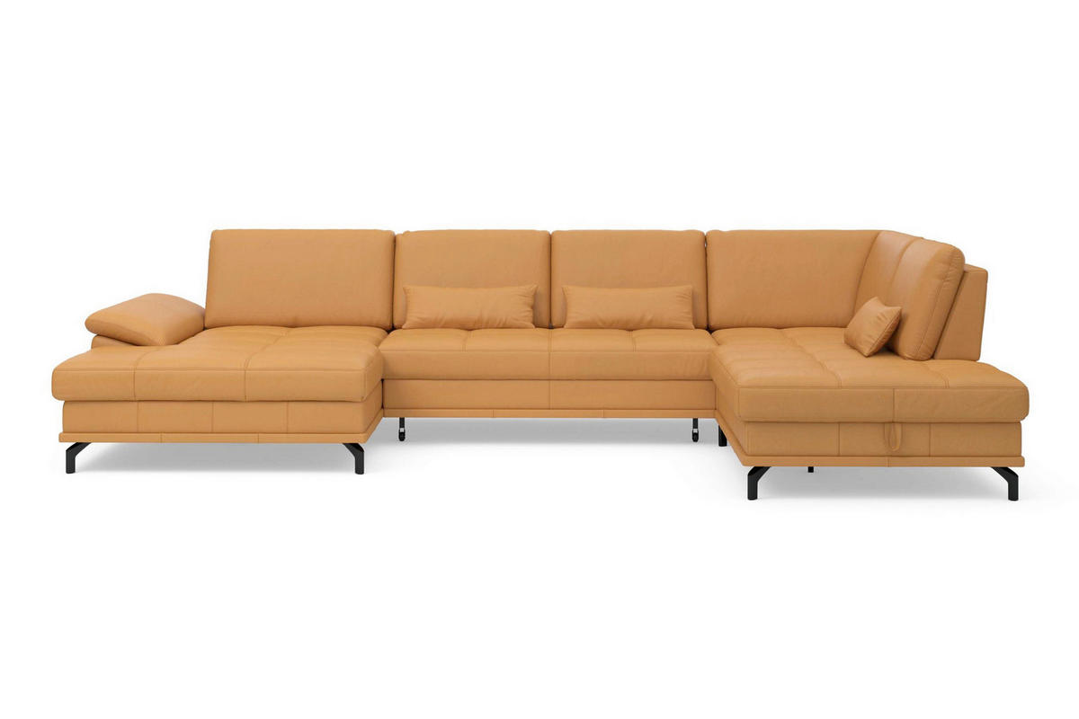 WOHNLANDSCHAFT COSTELLO E Currygelb Kombination Echtleder/Stoff Mikrofaser  - Currygelb/Schwarz, Basics, Leder/Textil (176/363/223cm) - Sit & More