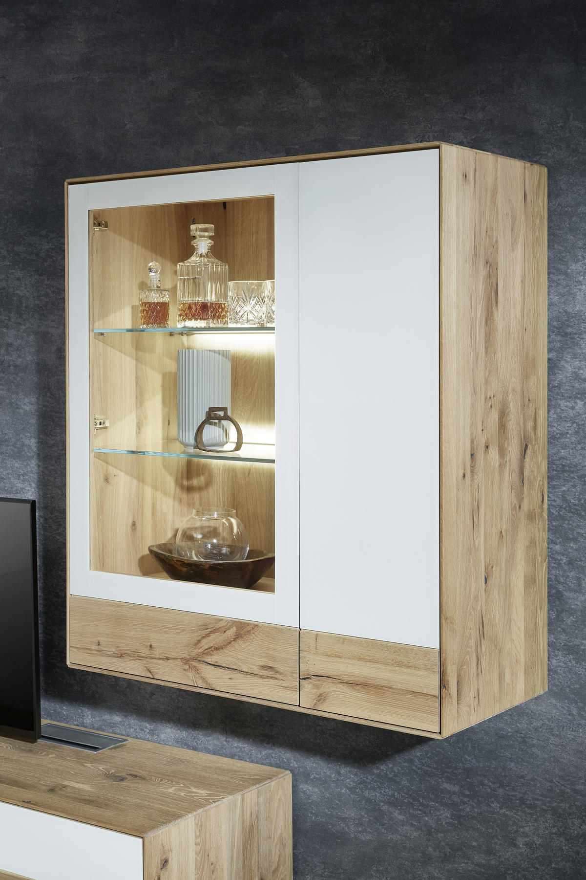 WOHNWAND  in Weiss, Eichefarben 297/206/48 cm  - Weiss/Eichefarben, Design, Glas/Holz (297/206/48cm) - Valnatura
