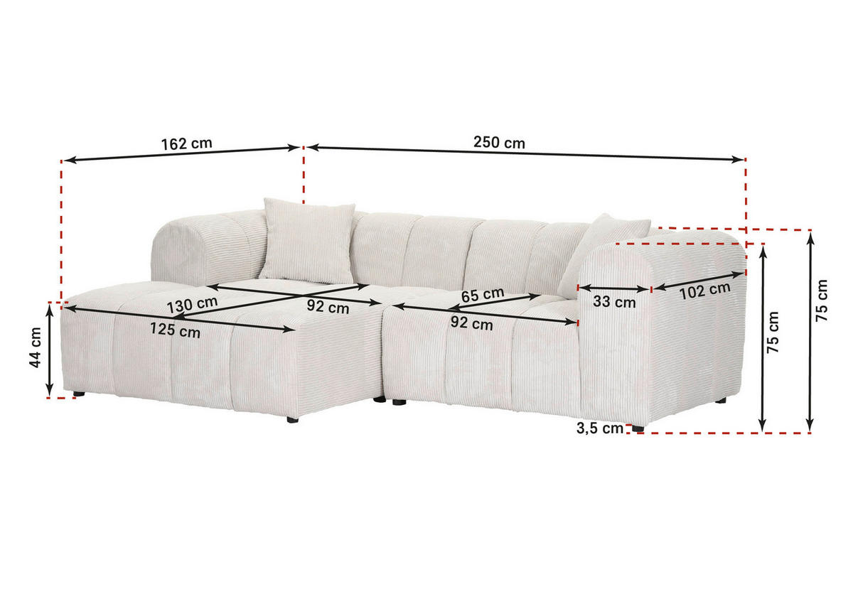 ECKSOFA Naturfarben Cord Zierkissen, Rücken echt  - Schwarz/Naturfarben, KONVENTIONELL, Kunststoff/Textil (162/250cm) - Carryhome