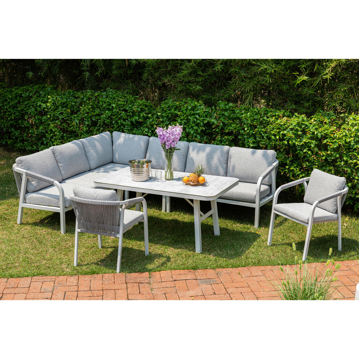 DINING-LOUNGESET  - Weiß/Grau, MODERN, Glas/Textil - Gardenson