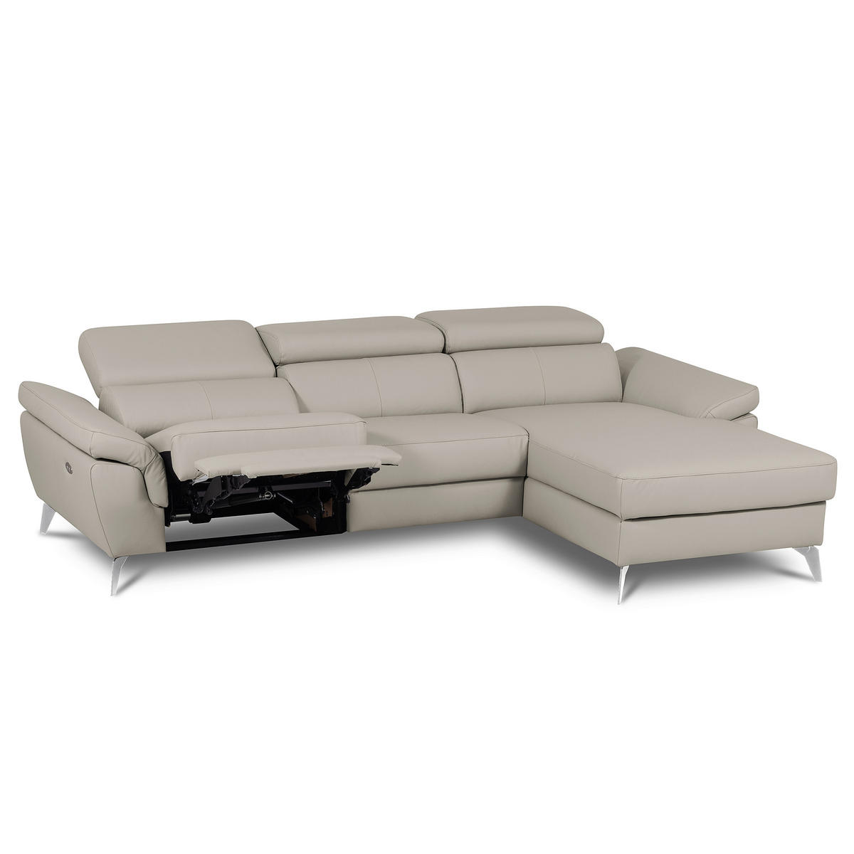 ECKSOFA  in Lederlook Echtleder Platinfarben Rücken echt, Armteilverstellung, Relaxfunktion, Kopfteilverstellung  252/179 cm  - Platinfarben/Chromfarben, Design, Leder/Textil (252/179cm) - Livetastic
