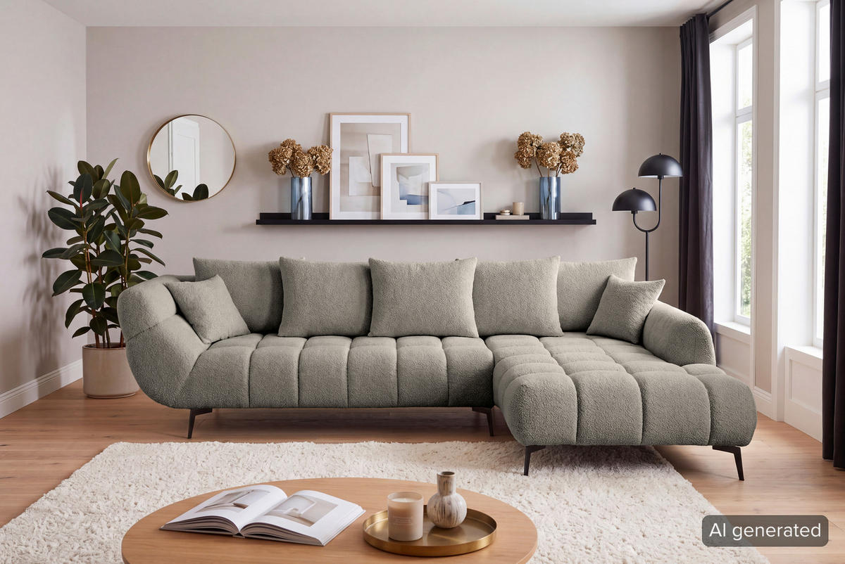 ECKSOFA 318/217 cm  in Bouclé Graubraun Zierkissen, Rückenkissen, Rücken echt  318/217 cm  - Graubraun/Schwarz, MODERN, Textil/Metall (318/217cm) - Carryhome