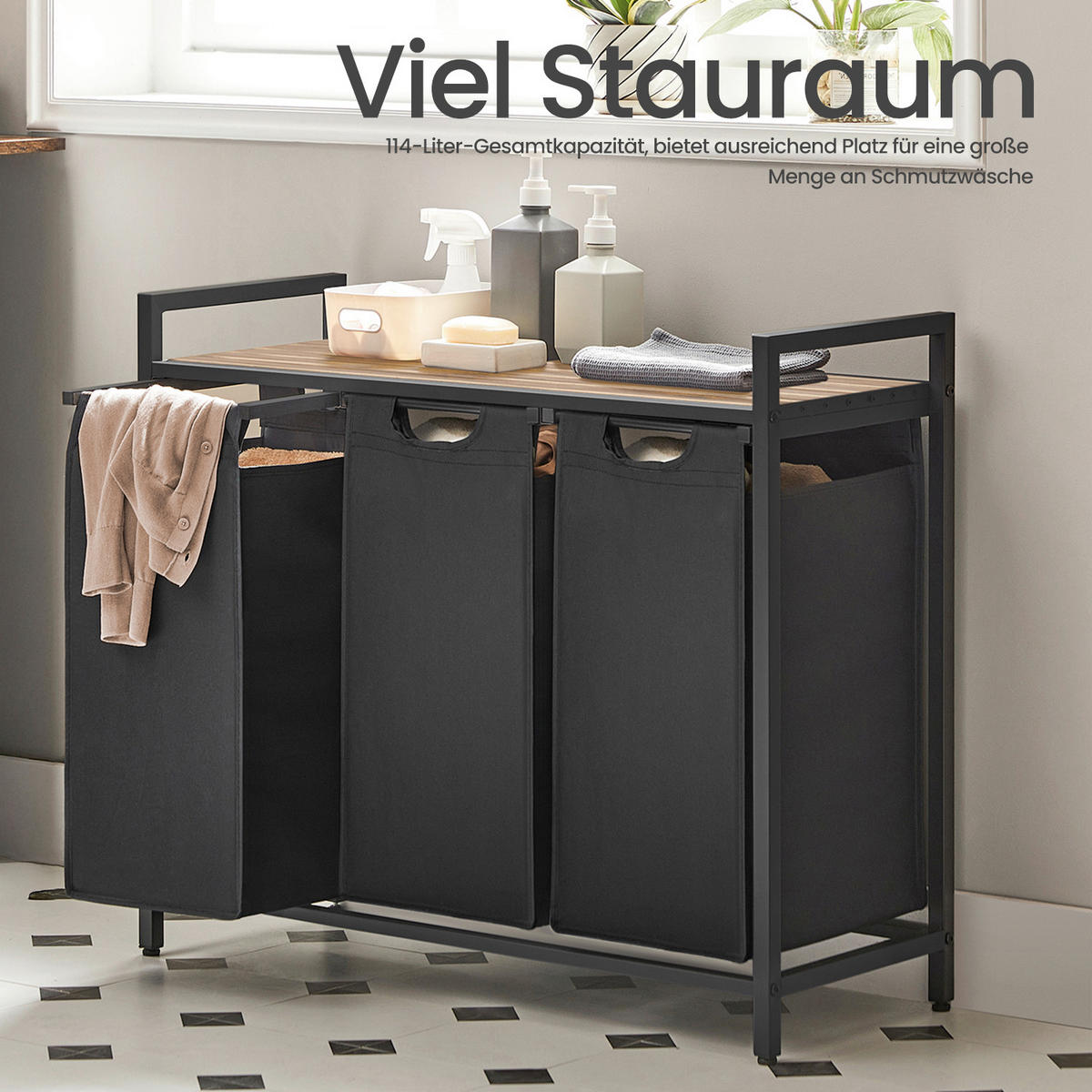 WÄSCHEKORB - Eichefarben/Schwarz, Trend, Holzwerkstoff/Textil (92,5/72/33cm) - Boxxx