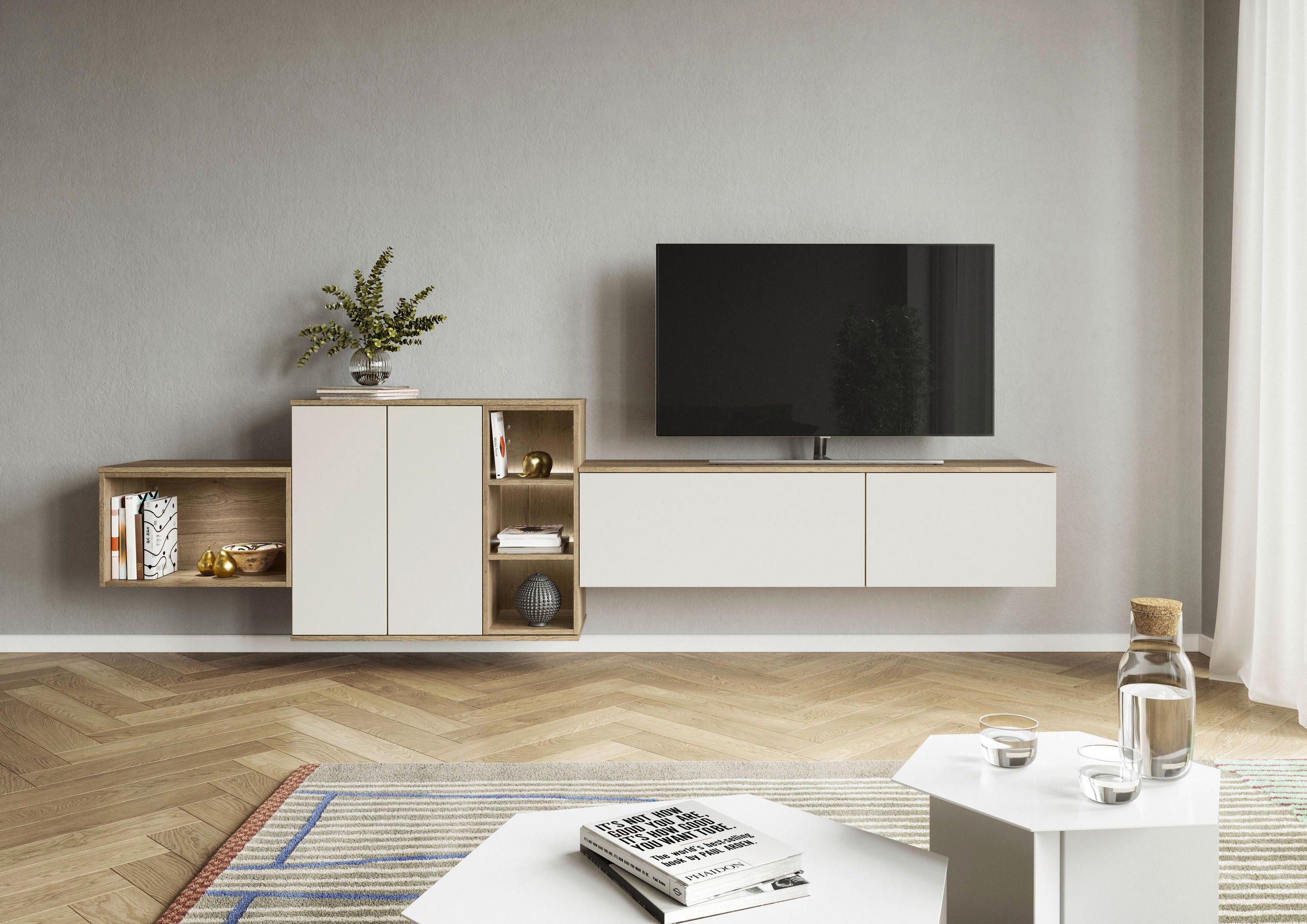 Thumbnail - Celina Home Wohnwand, Weiß, Eiche, Holzwerkstoff, 3,1,6 Fächer, 301x100x37.4 cm, individuell planbar, Beimöbel erhältlic...