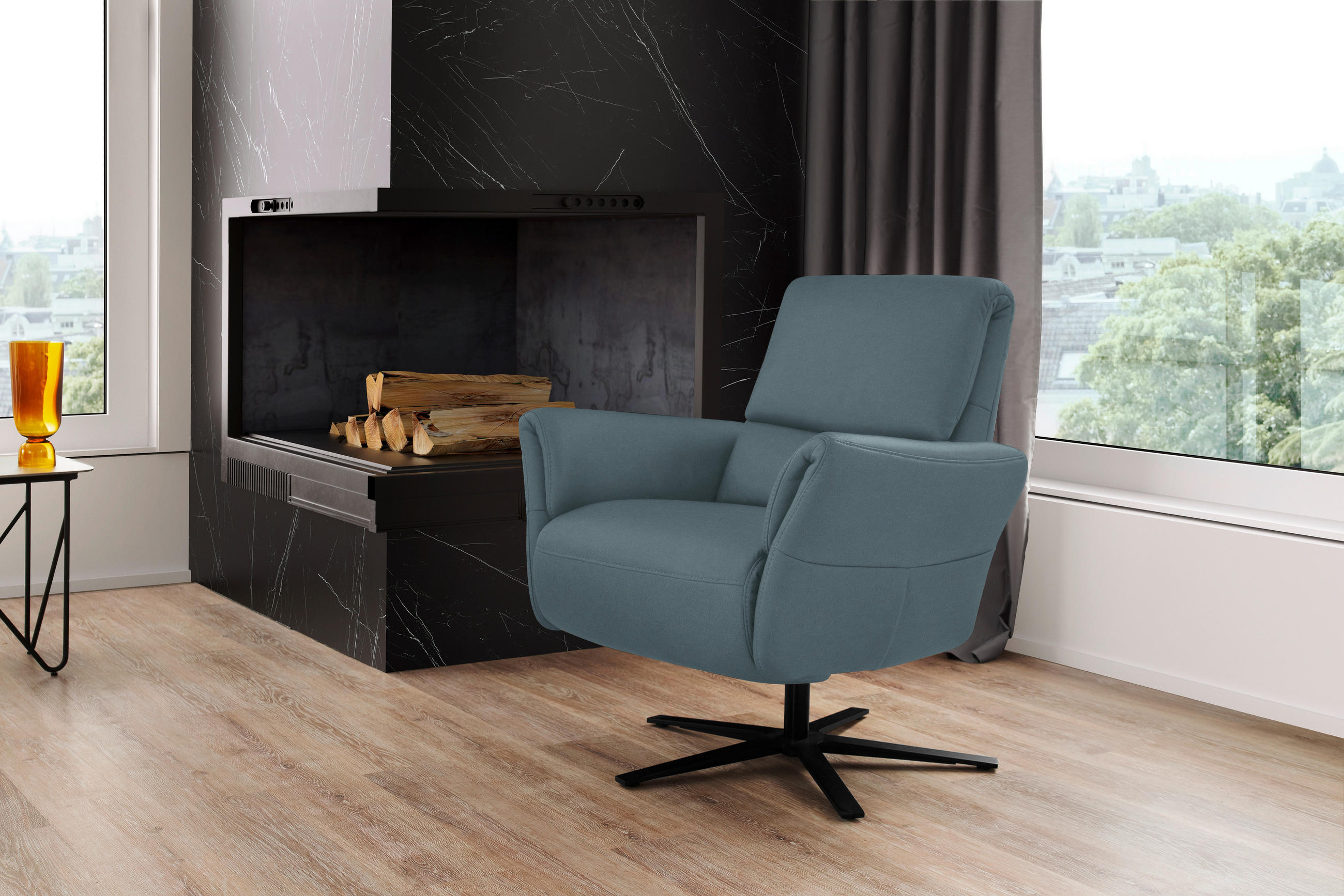 RELAXSESSEL Echtleder Relaxfunktion, Kopfteilverstellung, Nackenkissen    - Blaugrau/Schwarz, Design, Leder/Metall (81/118/82cm) - Schöner Wohnen