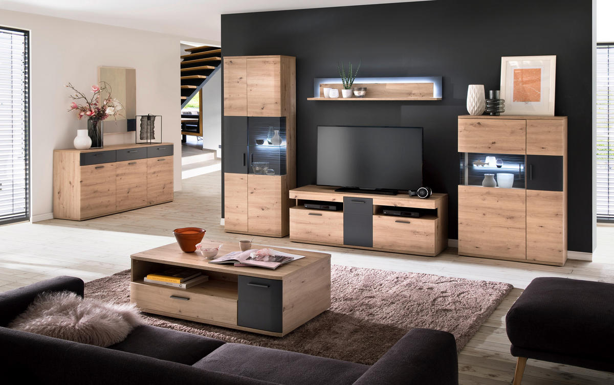 OBÝVACÍ STĚNA, antracitová, čiré, barvy dubu - barvy dubu/černá, Design, kov/kompozitní dřevo (330/198/50cm) - Livetastic