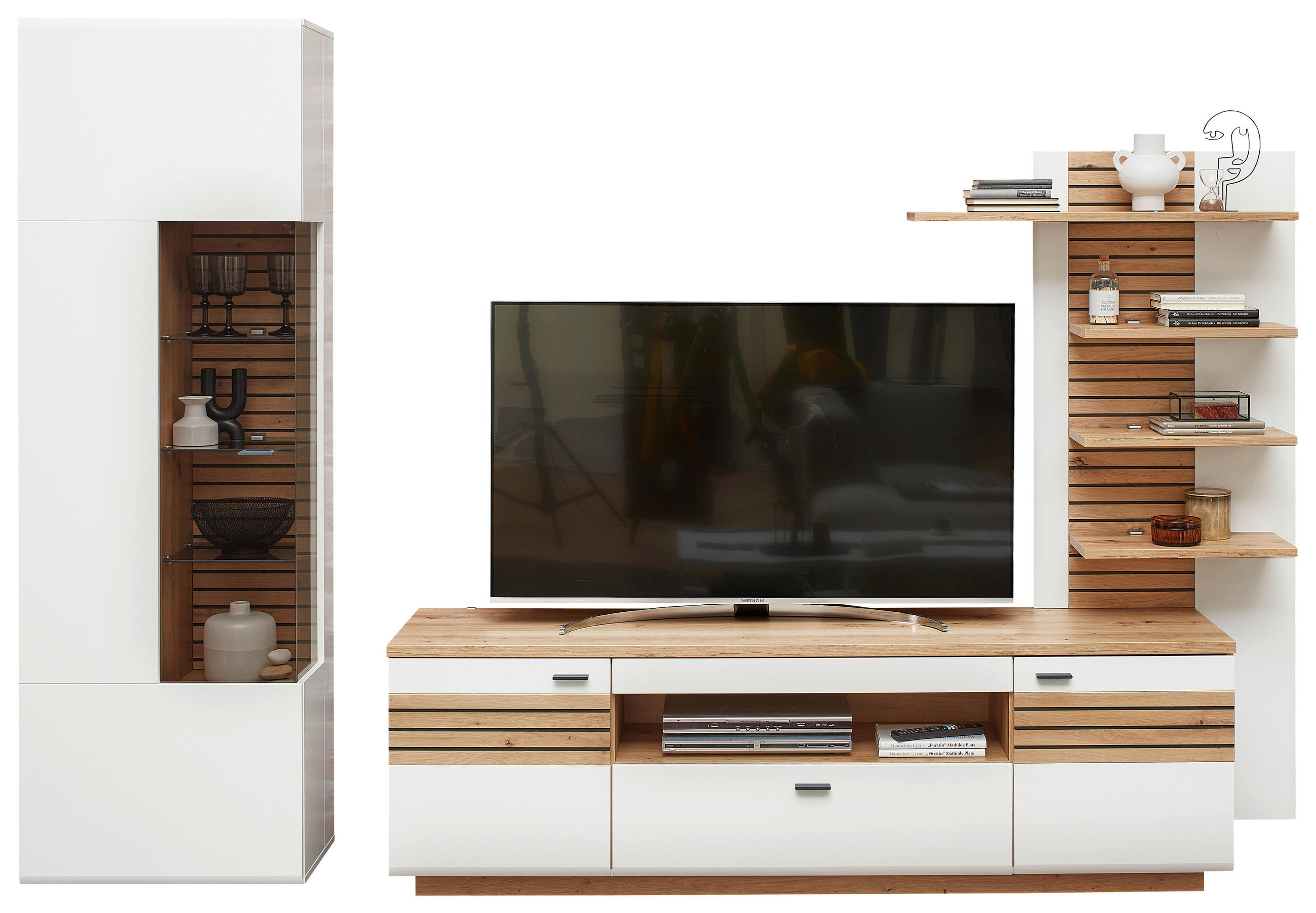 WOHNWAND  in Weiß, Eiche Artisan  296/201/47 cm  - Anthrazit/Weiß, Design, Glas/Holzwerkstoff (296/201/47cm) - Stylife