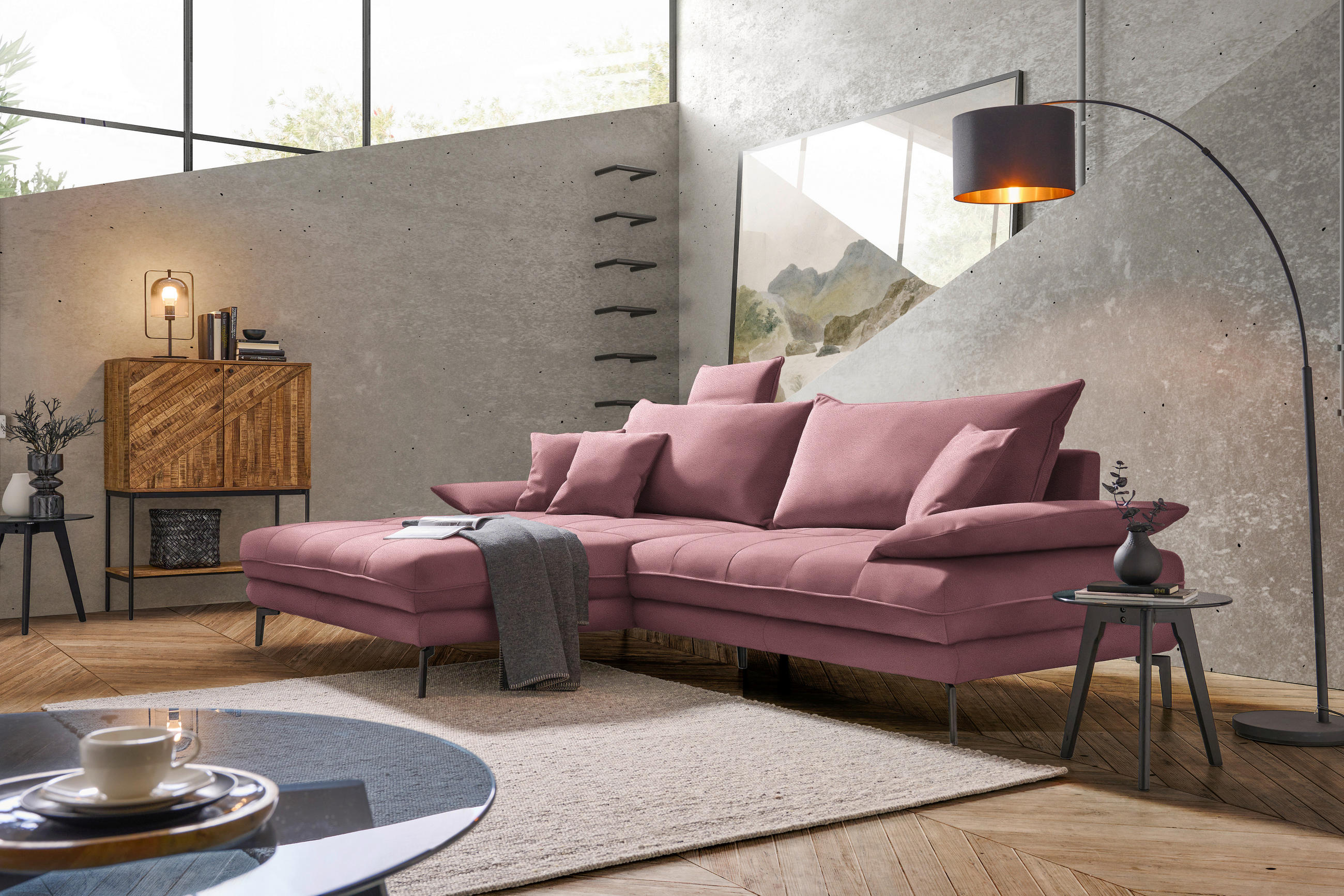 ECKSOFA PRATO Rosa Flachgewebe  - Schwarz/Rosa, MODERN, Textil/Metall (176/292cm) - MID.YOU