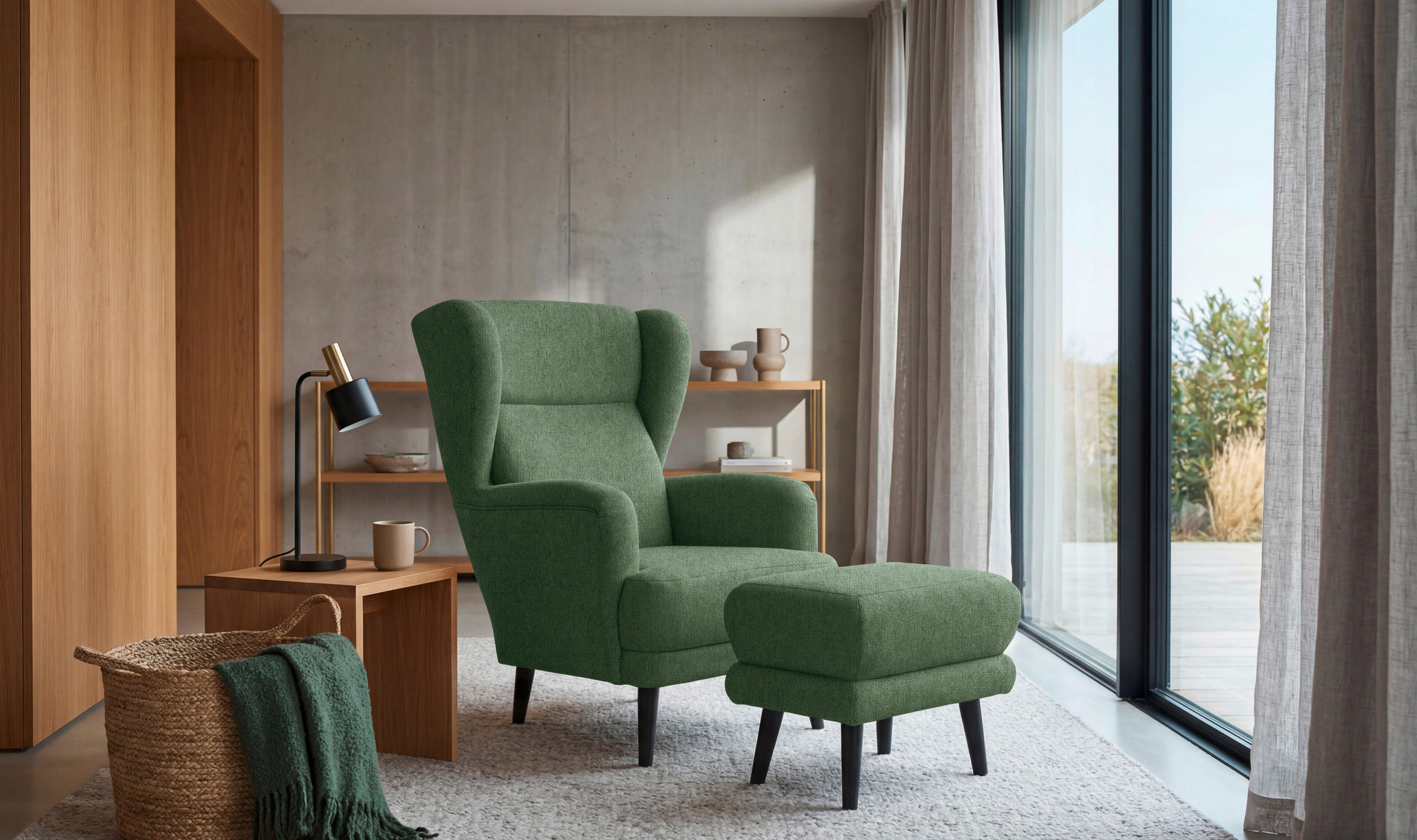 HOCKER MINA Mikrovelours Dunkelgrün  - Dunkelgrün/Schwarz, MODERN, Holz/Textil (63/43/42cm) - MID.YOU