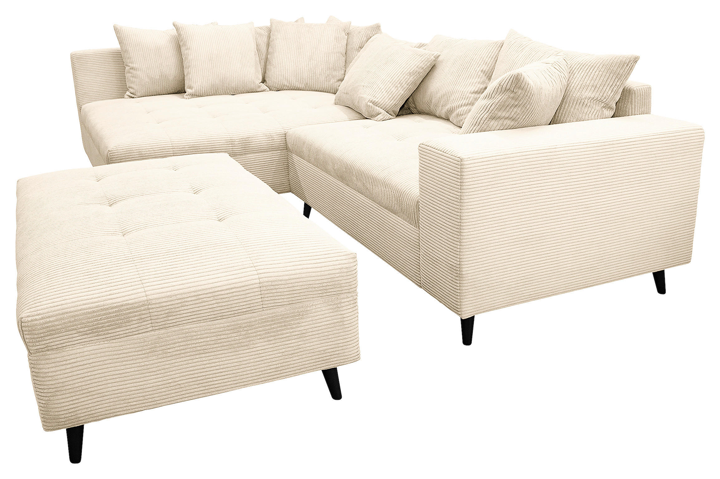 Ecksofa inkl. Hocker in Cord Creme  174/247 cm  - Creme/Schwarz, Design, Holz/Textil (174/247cm) - MID.YOU