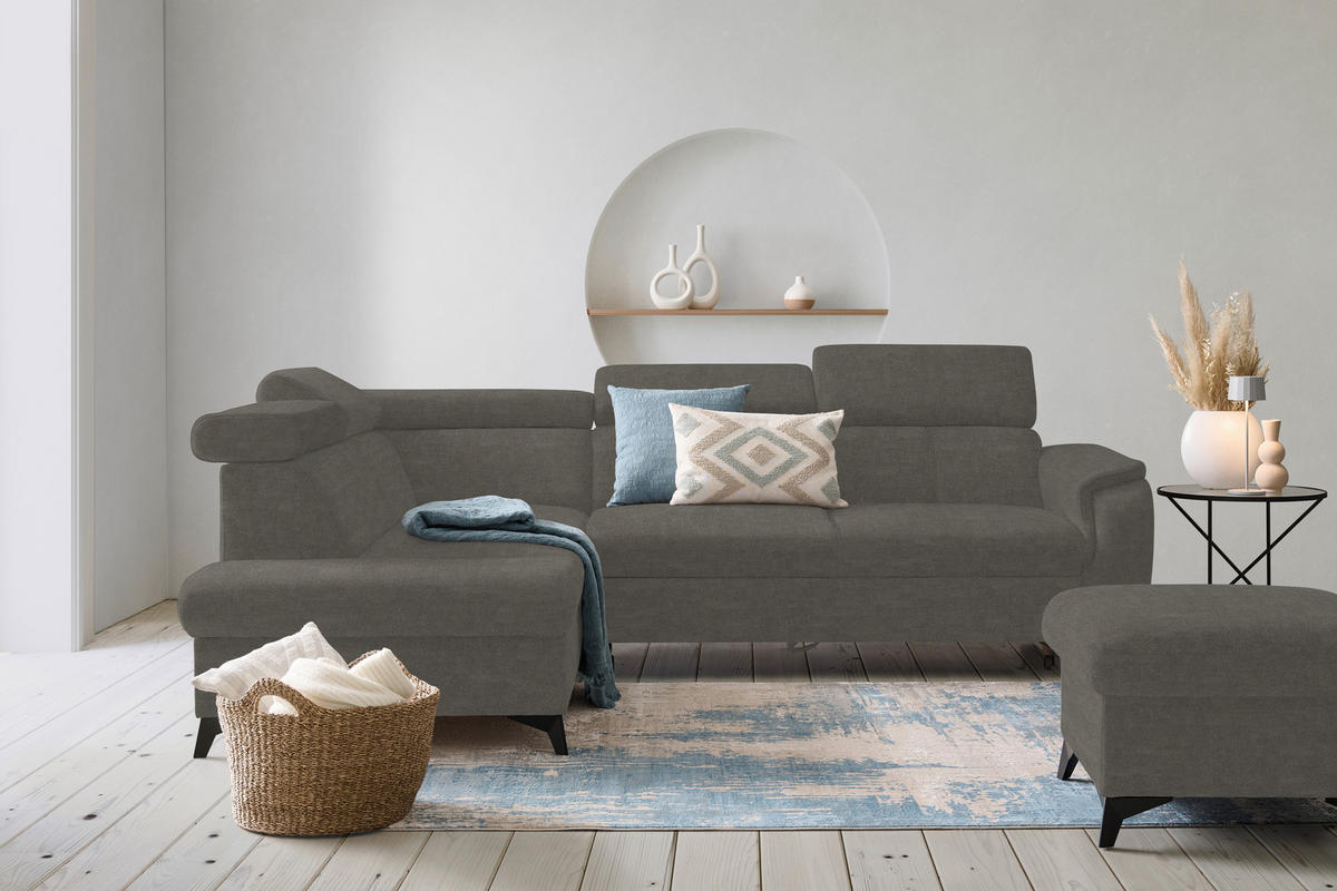 ECKSOFA in Mikrofaser Graubraun  - Graubraun/Schwarz, Design, Textil/Metall (203/260cm) - Stylife