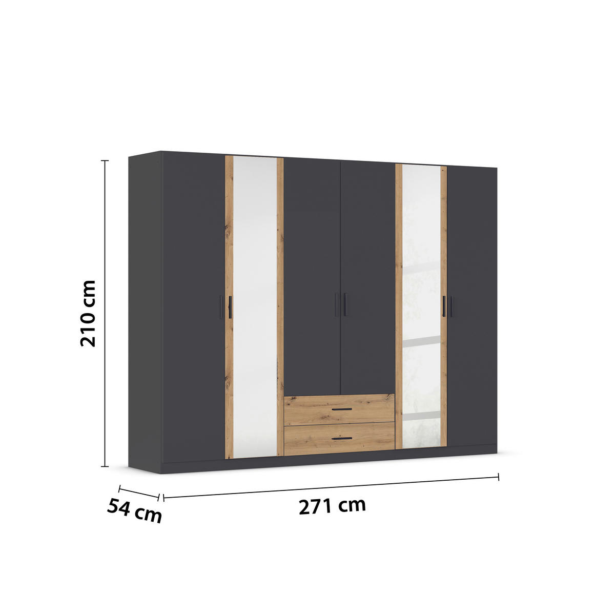 KLEIDERSCHRANK 271/210/54 cm 6-türig Grau, Eiche Artisan  - Eiche Artisan/Grau, KONVENTIONELL, Holzwerkstoff/Kunststoff (271/210/54cm) - Rauch Möbel