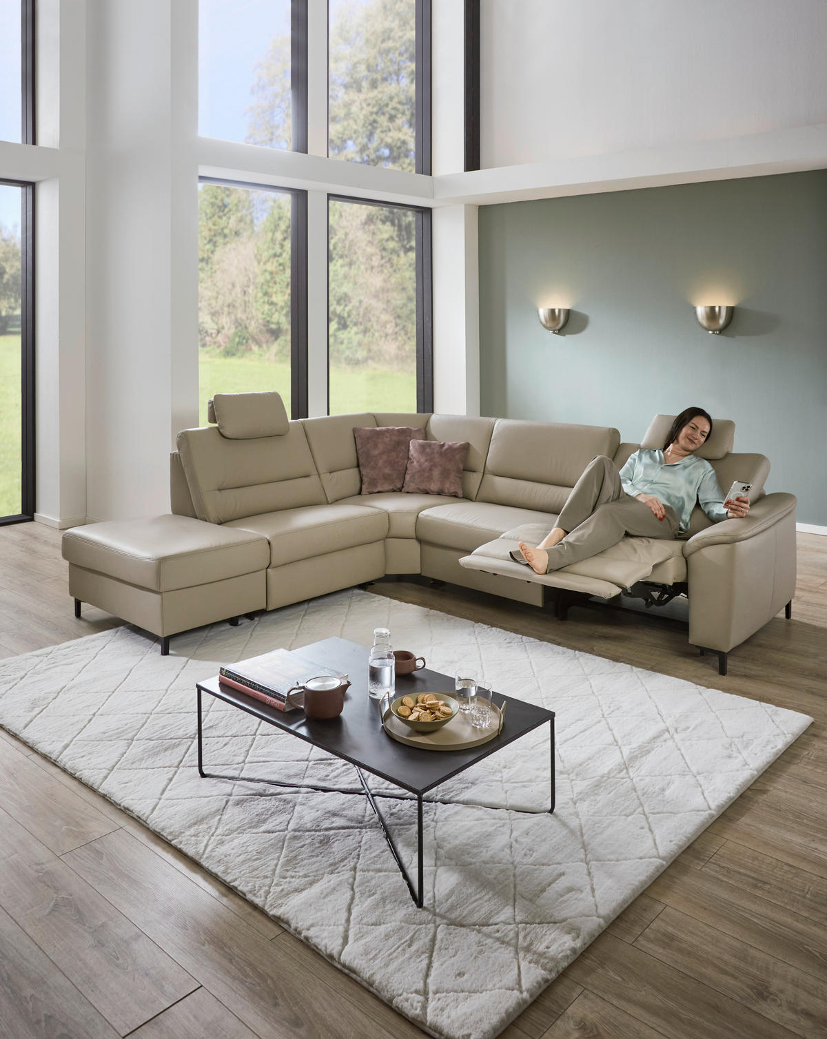 ECKSOFA in Echtleder Perlmutt  249/290 cm  - Perlmutt/Schwarz, KONVENTIONELL, Leder/Metall (249/290cm) - Beldomo Premium