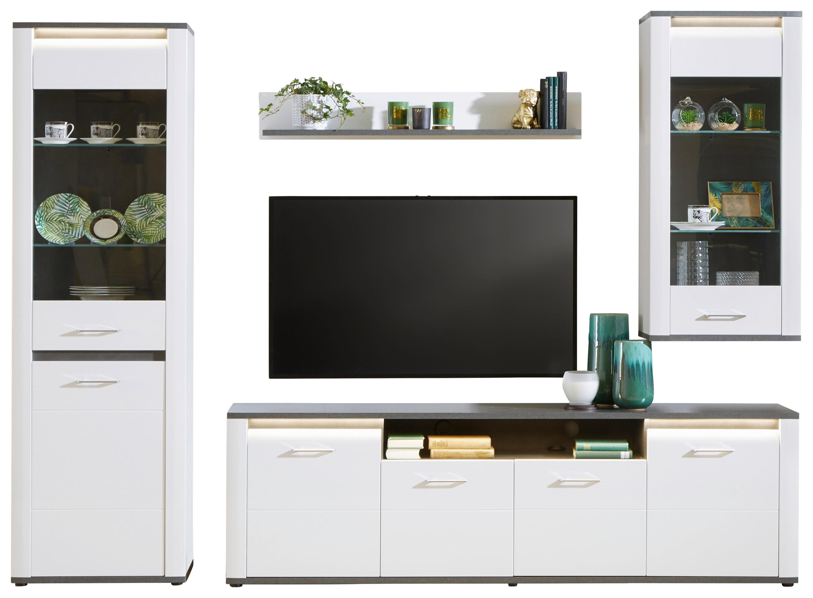 Wohnkombination Modern 5 -teilig. Mit Led Alassio 6, Weiß/matera