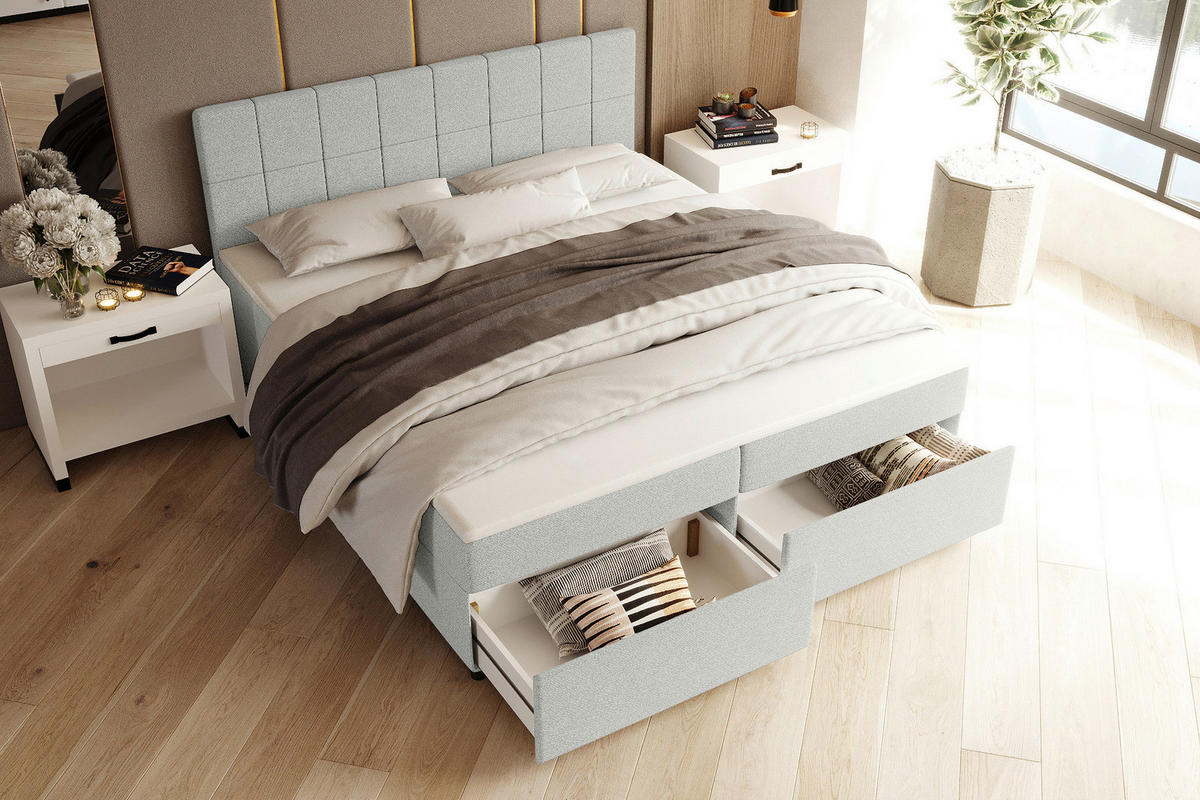 BOXBETT 140/200 cm,  in Hellgrau, Topper, Matratzen, Bettschubladen, H3 = fest  - Hellgrau/Schwarz, KONVENTIONELL, Kunststoff/Textil (140/200cm) - Boxxx