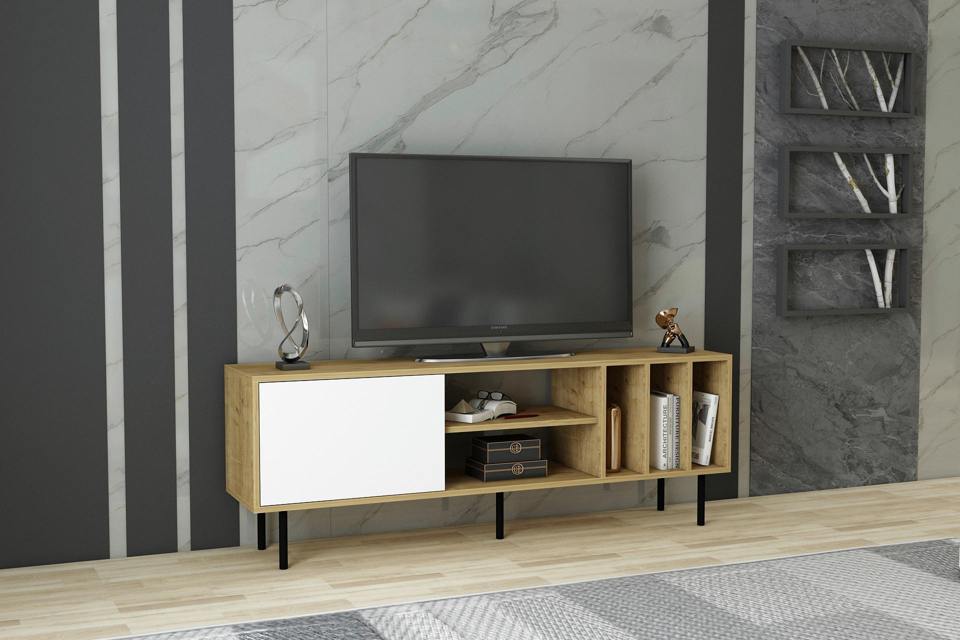 NÍZKÁ KOMODA, barvy dubu, 160/57/35 cm - bílá/černá, Design, kov/kompozitní dřevo (160/57/35cm) - Livetastic