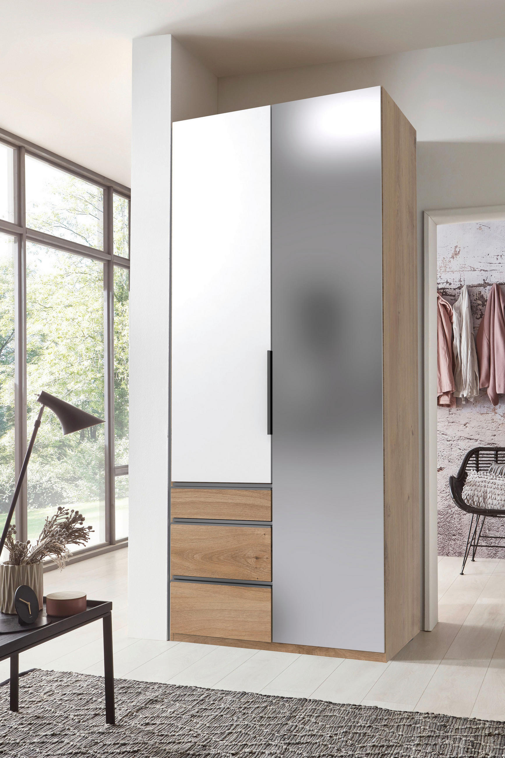 DREHTÜRENSCHRANK Weiss, Plankeneiche  - Chromfarben/Plankeneiche, Konventionell, Glas/Holzwerkstoff (100/216/58cm) - MID.YOU