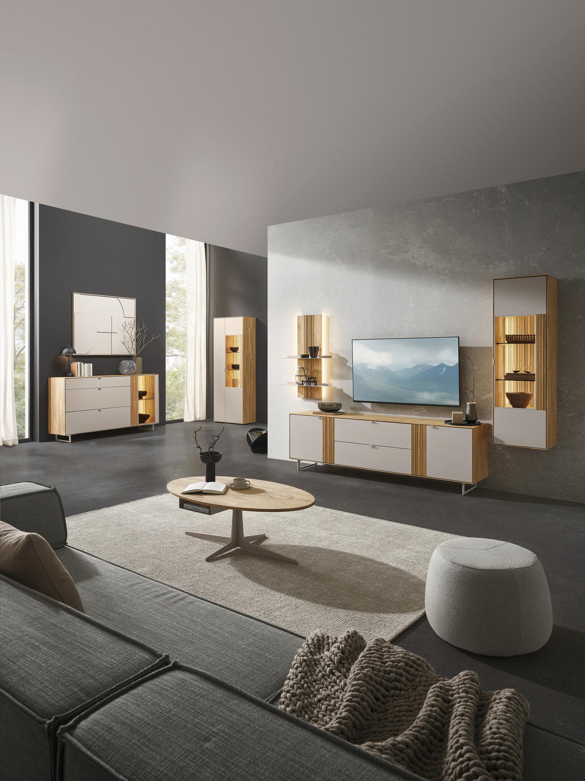 WOHNWAND  Kaschmir, Wildeiche 306,3/203,5/45,2 cm    - Kaschmir/Wildeiche, Design, Glas/Holz (306,3/203,5/45,2cm) - Dieter Knoll