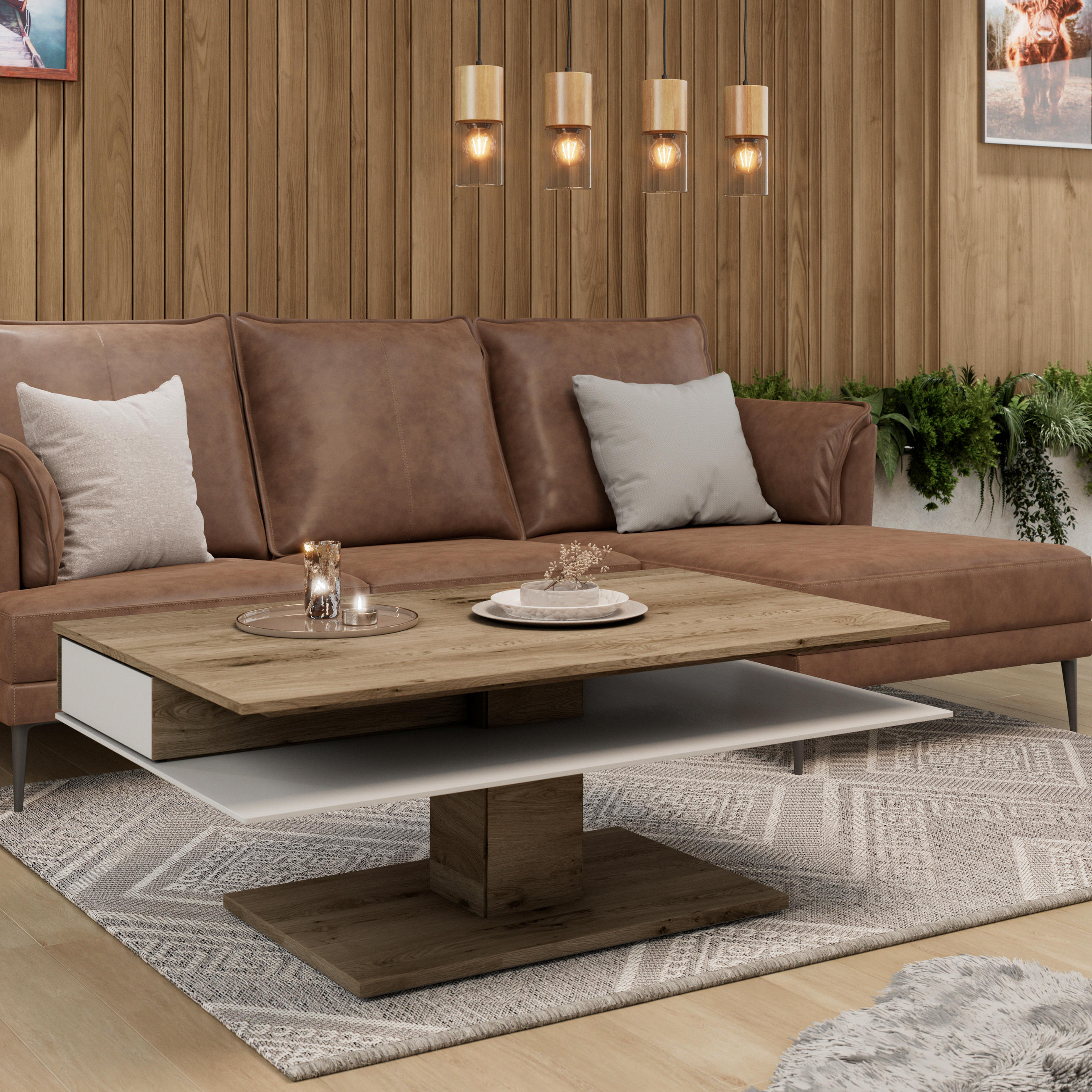 COUCHTISCH in Holz, Glas 120/75/46 cm  - Weiss/Eichefarben, Design, Glas/Holz (120/75/46cm) - Voglauer