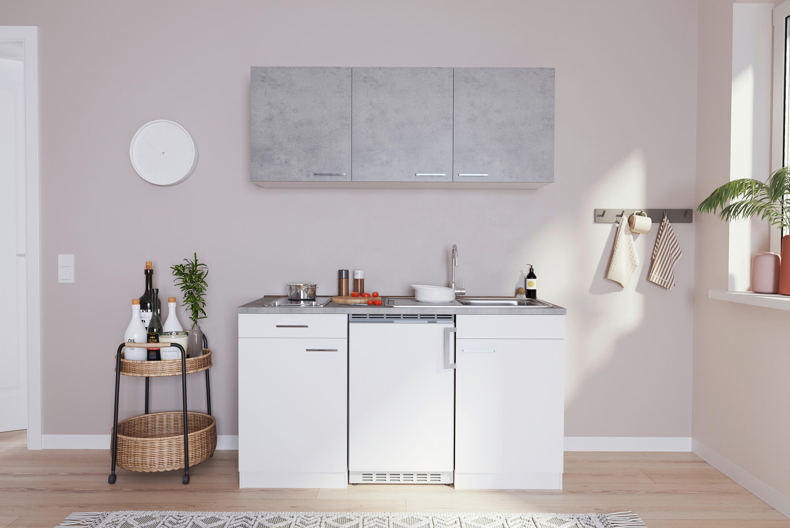 MINIKÜCHE 150 cm   in Grau, Weiss  - Weiss/Alufarben, Konventionell, Holzwerkstoff/Kunststoff (150cm) - Respekta