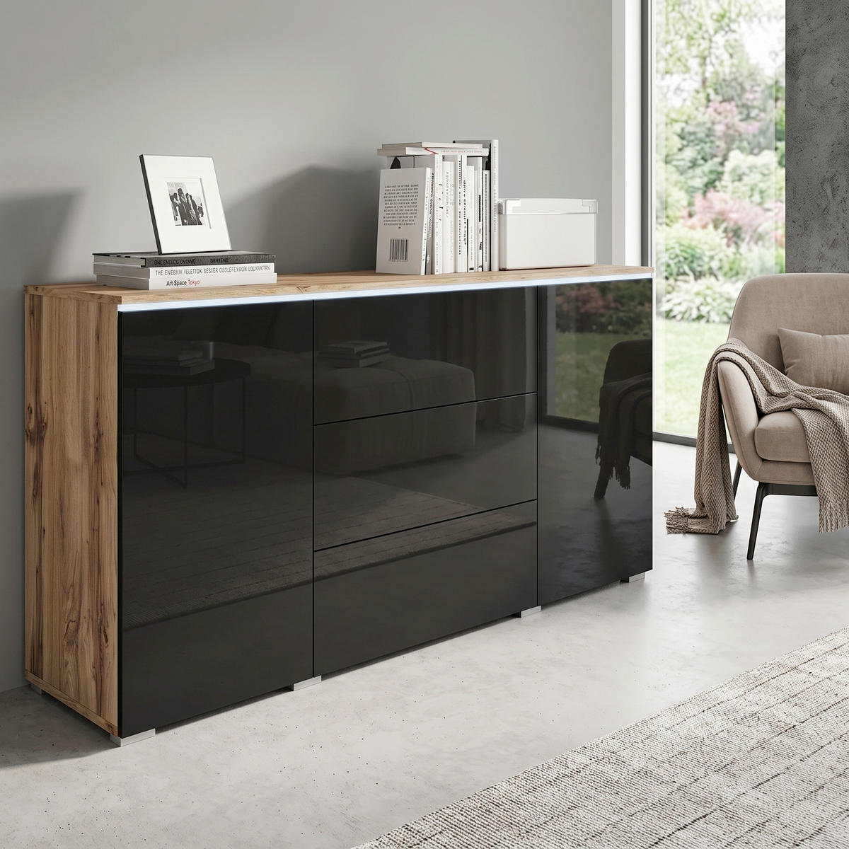 SIDEBOARD Vera 150/67,9/39,5 cm 3 Schublade(n)  - Schwarz Hochglanz/Eiche Wotan, LIFESTYLE, Holzwerkstoff/Kunststoff (150/67,9/39,5cm) - P & B