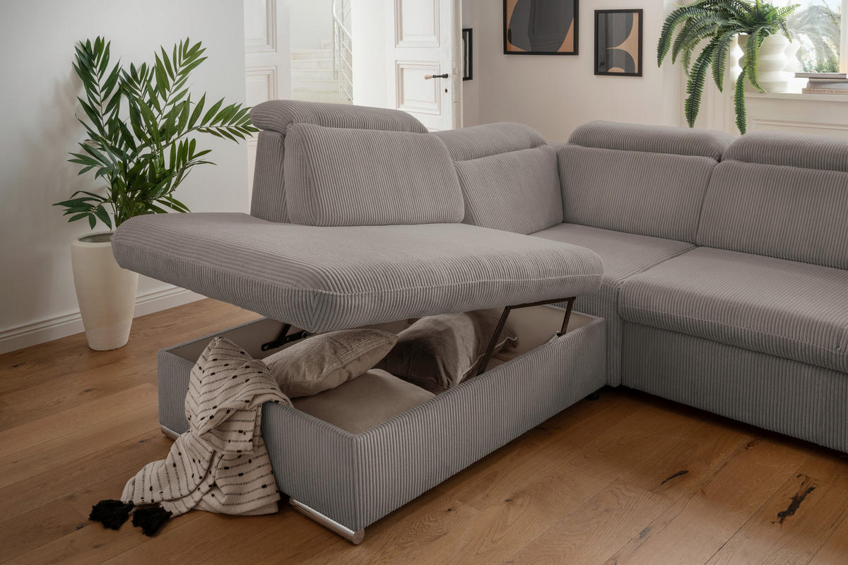ECKSOFA Graubraun Cord  - Chromfarben/Graubraun, Design, Textil/Metall (228/283cm) - Livetastic