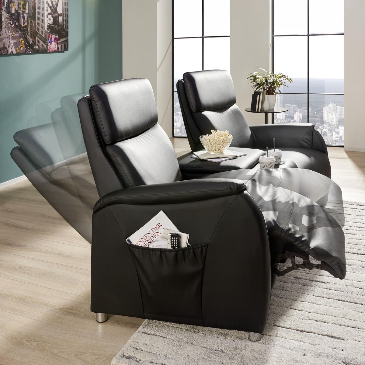 HEIMKINO-SOFA Lederlook Schwarz  - Schwarz, Design, Kunststoff/Textil (186/104/90cm) - Livetastic