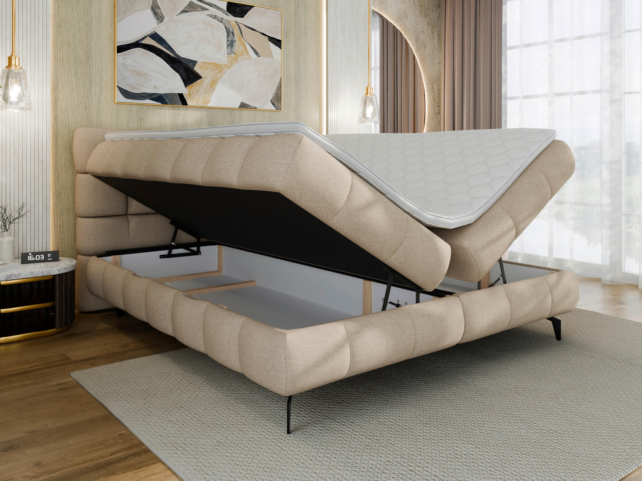 Thumbnail - Esposa Boxbett, Beige, Textil, H3, Höhe ca. 24 cm, 180x200 cm, gepolstertes Kopfteil, Topper durchgehend, in verschieden...