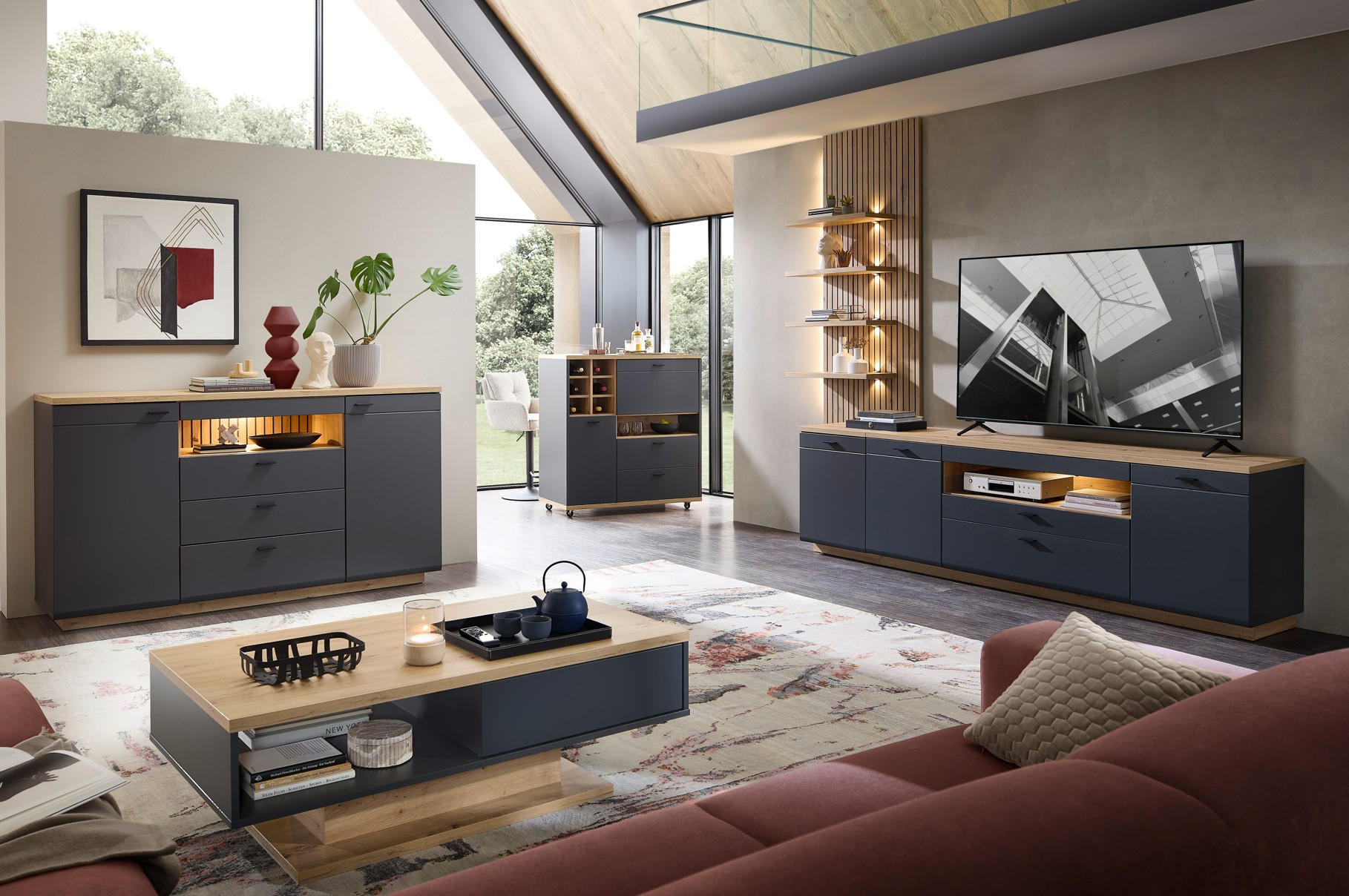 Thumbnail - Mid.you Lowboard, Graphit, Eiche Artisan, Holzwerkstoff, 2 Fächer, 1 Schubladen, 200x60x47 cm, Wohnzimmer, Wohnwände, Lo...