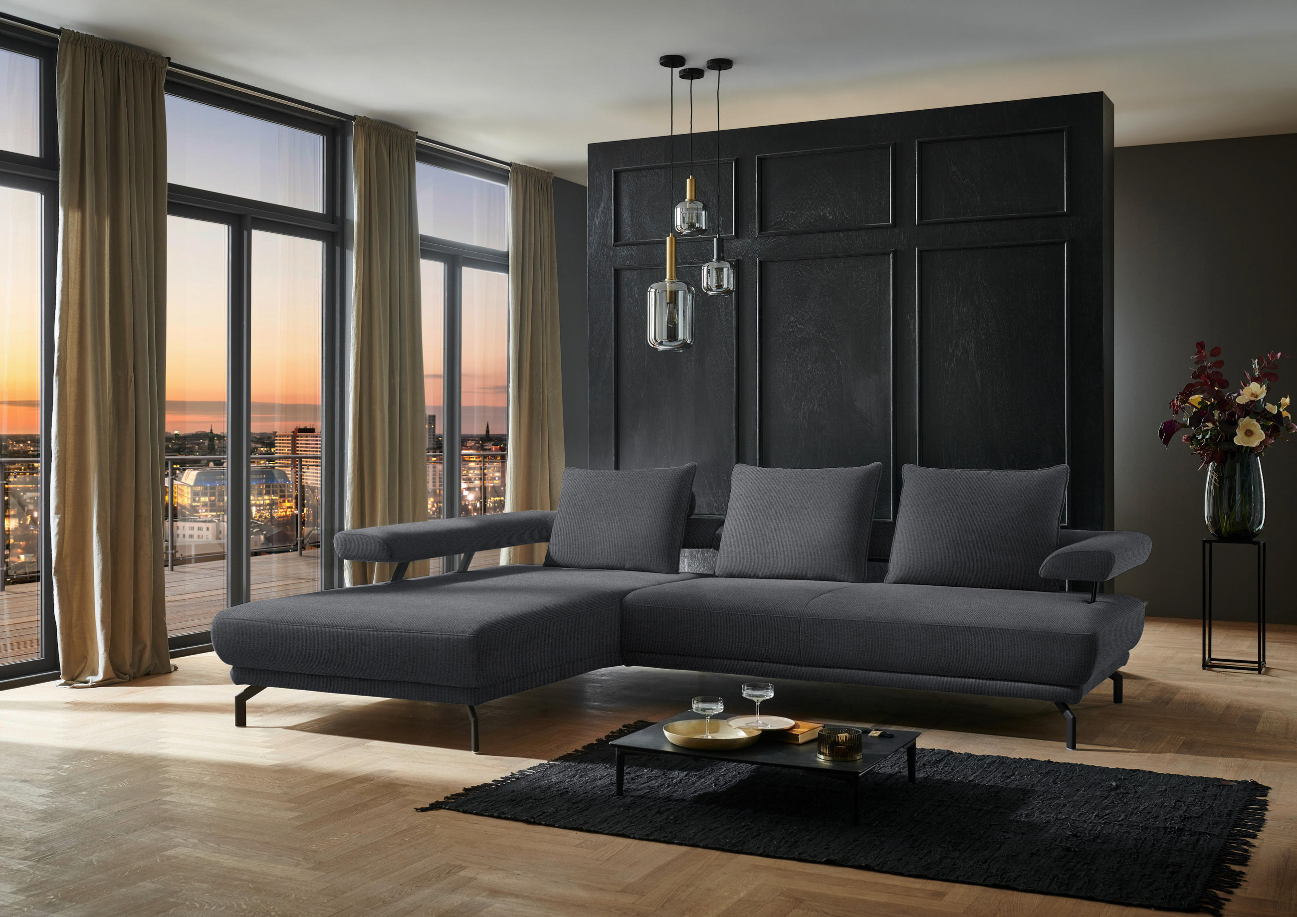 ECKSOFA in Chenille Dunkelgrau  - Dunkelgrau/Schwarz, Design, Textil/Metall (224/305cm) - Dieter Knoll