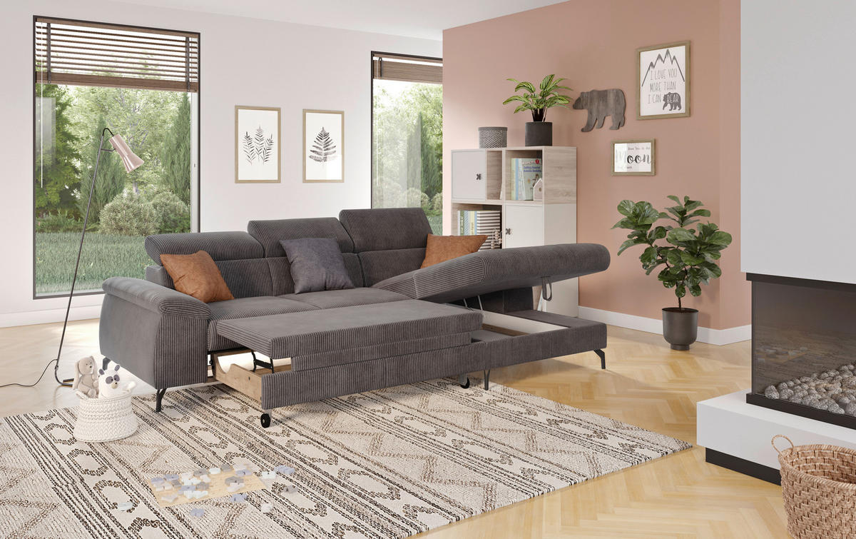 ECKSOFA in Cord Anthrazit  - Anthrazit/Schwarz, Design, Textil/Metall (244/166cm) - Livetastic