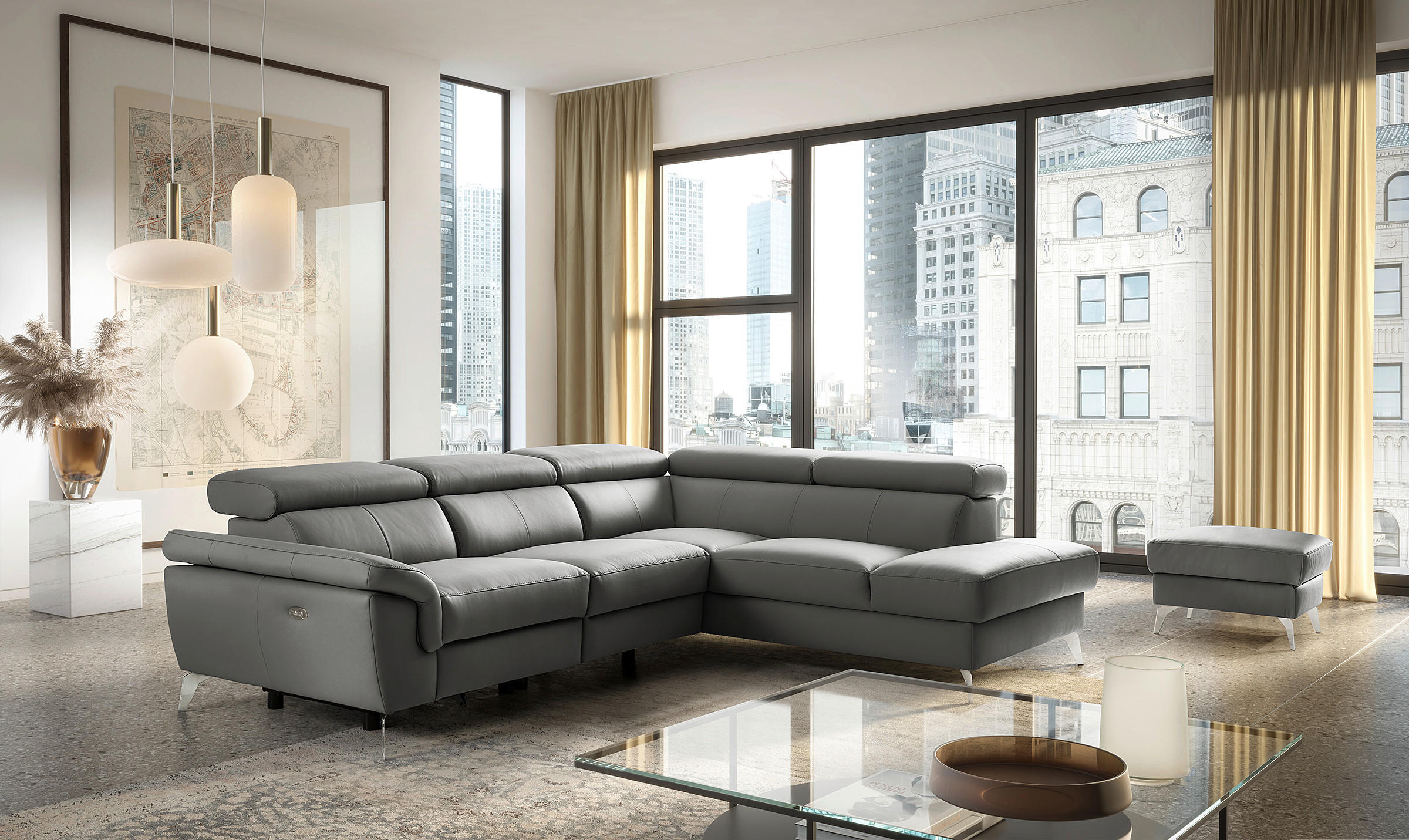 ECKSOFA Anthrazit Echtleder Lederlook Rücken echt, Armteilverstellung, Relaxfunktion, Kopfteilverstellung  - Chromfarben/Anthrazit, Design, Leder/Textil (252/179cm) - Livetastic