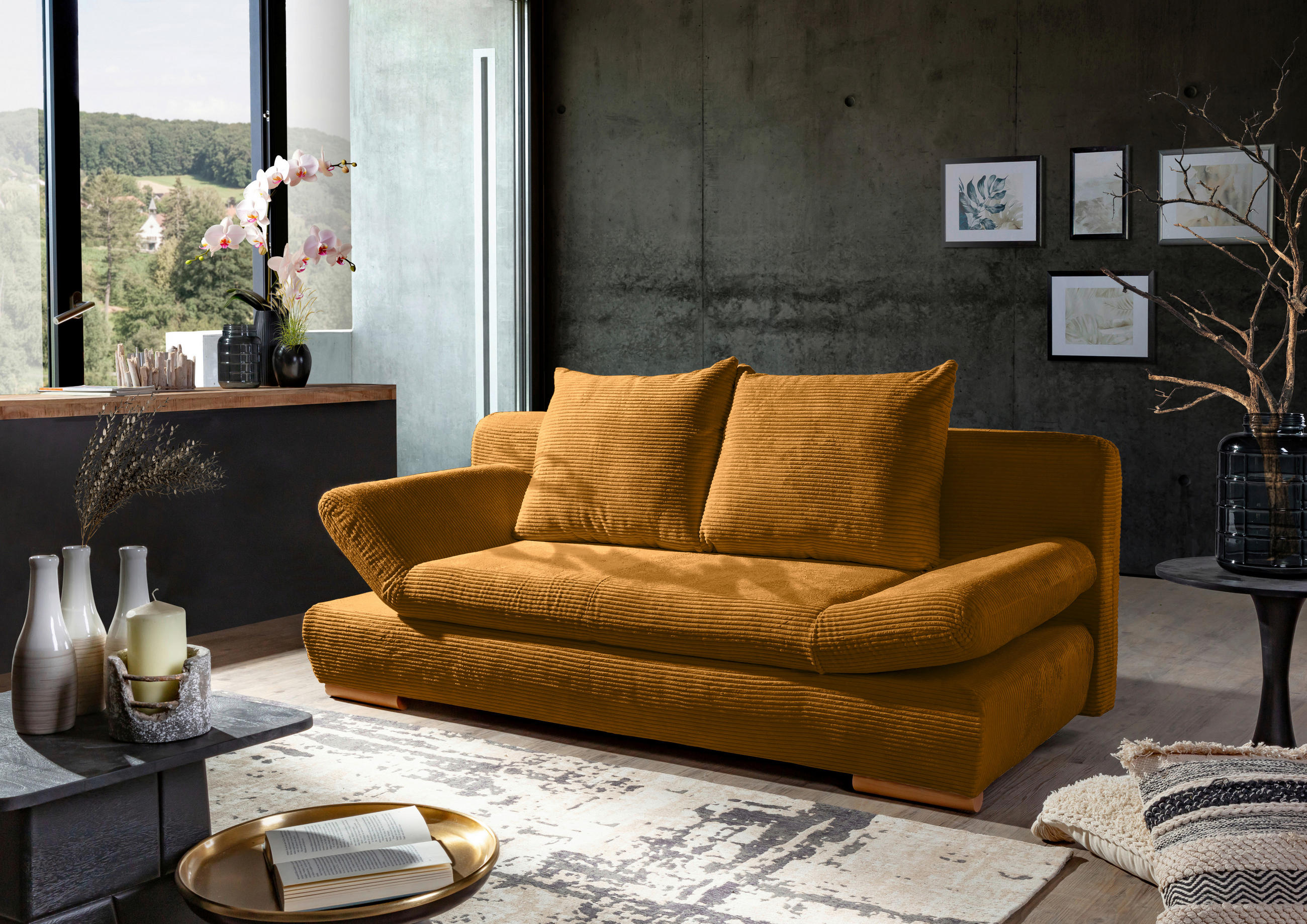 SCHLAFSOFA Cord Currygelb  - Currygelb/Naturfarben, KONVENTIONELL, Holz/Textil (200/75/92cm) - home24