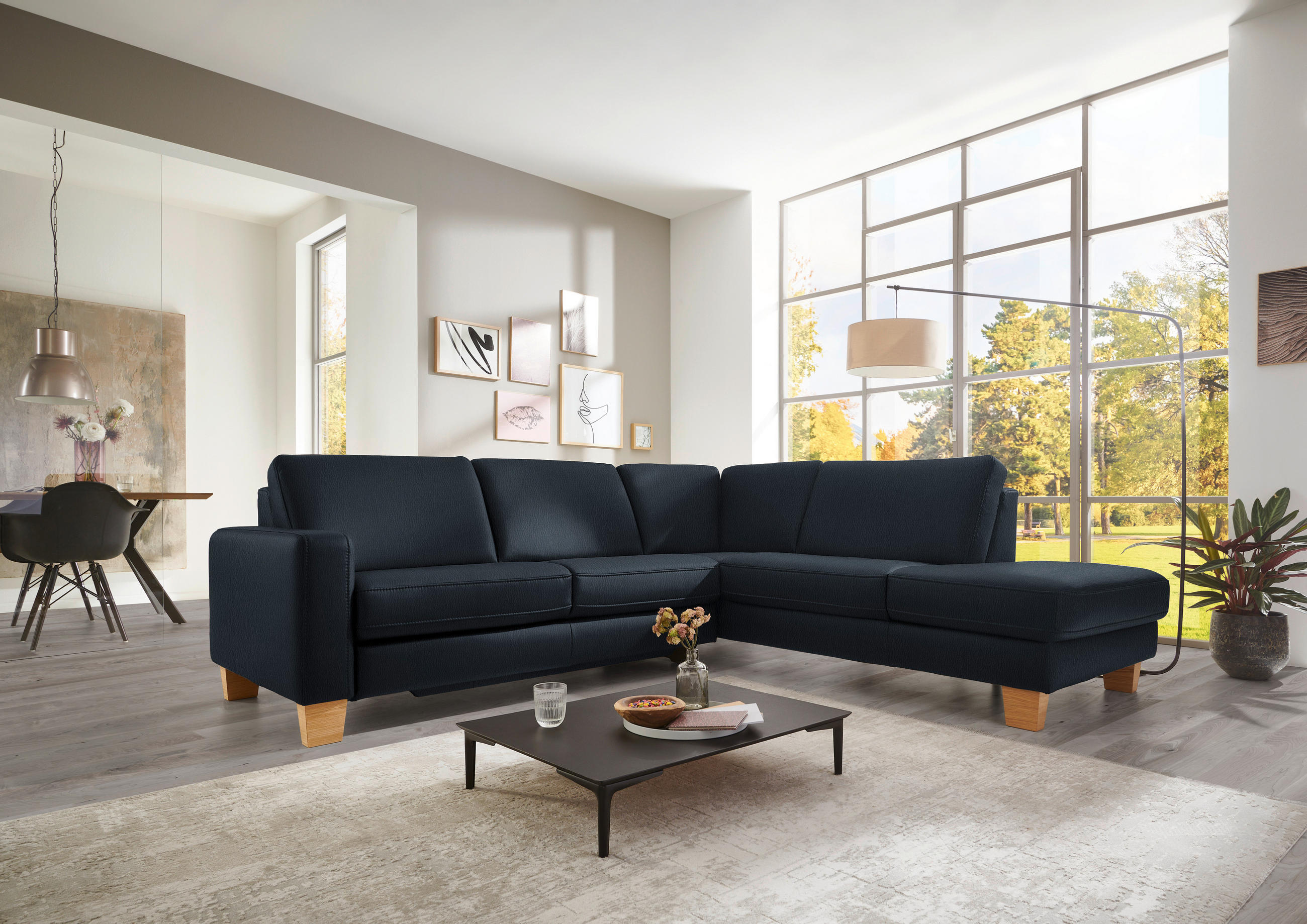 ECKSOFA in Echtleder Dunkelblau  - Eiche Bianco/Dunkelblau, Konventionell, Leder/Holz (257/235cm) - Valdera