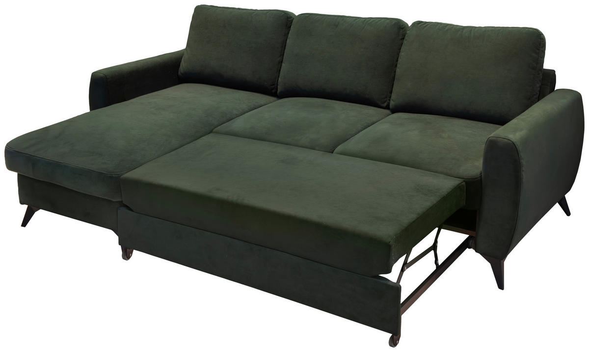 ECKSCHLAFSOFA JEFFREY Mikrovelours Dunkelgrün  inkl. Zierkissen, Rückenkissen, Stauraum  - Dunkelgrün/Schwarz, KONVENTIONELL, Textil/Metall (230/150cm) - Livetastic