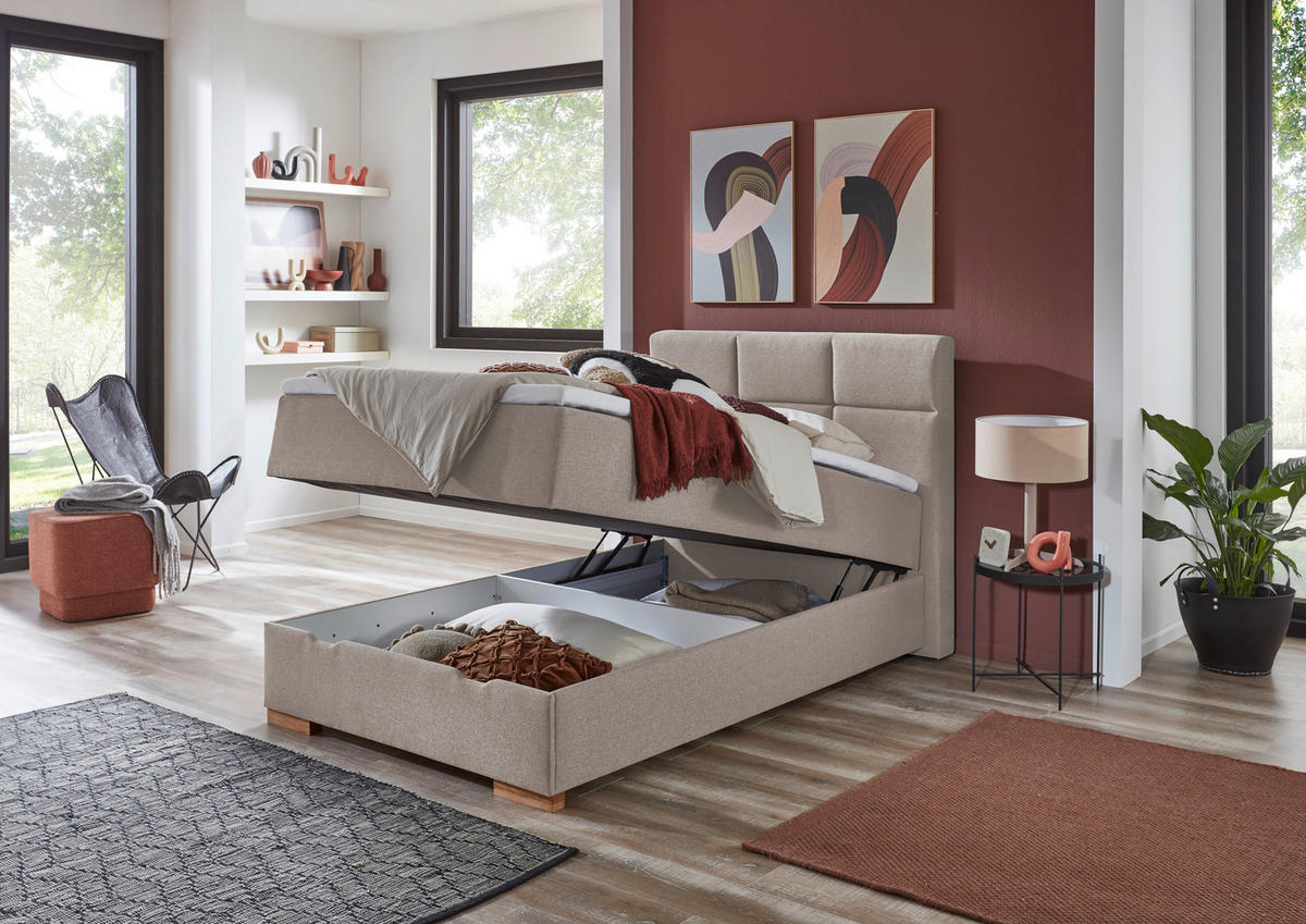 BOXSPRINGBETT 140/200 cm  in Taupe  - Taupe/Eichefarben, Basics, Holz/Textil (140/200cm) - home24