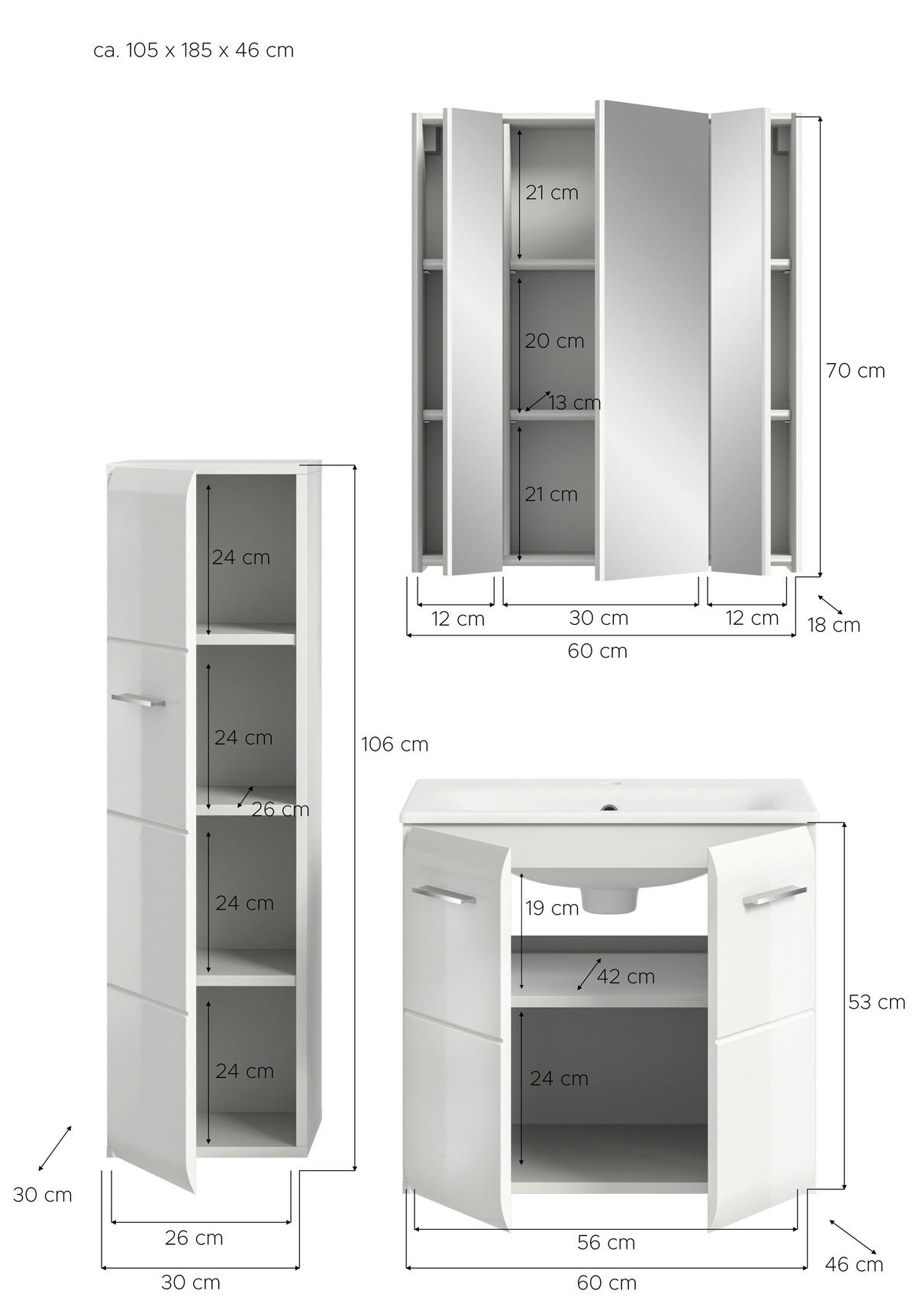 BADEZIMMER 4-teilig 90 cm  - Weiss Hochglanz/Weiss, Modern, Keramik/Holzwerkstoff (90cm) - MID.YOU